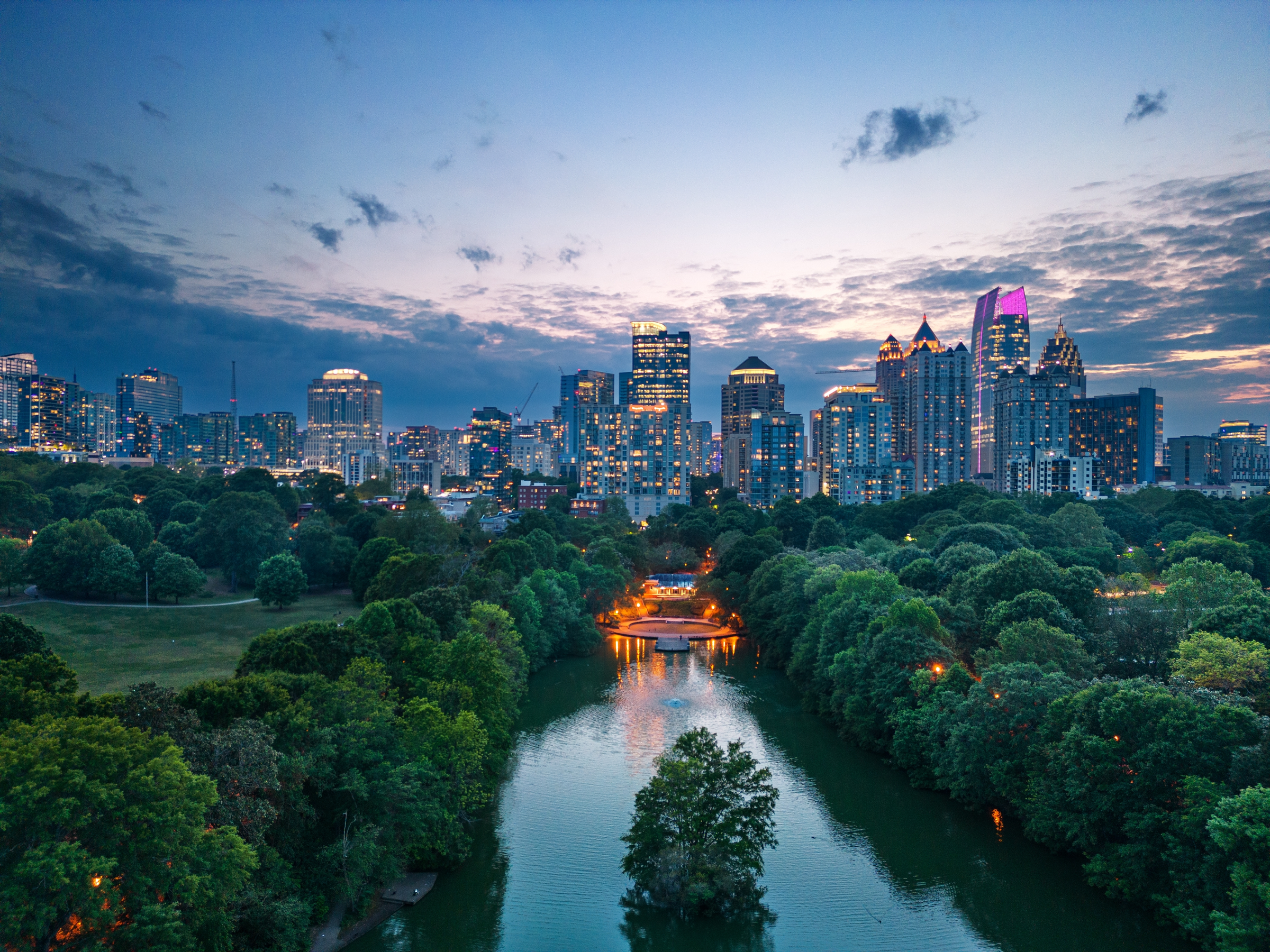 Atlanta, Georgia, USA overlooking Piedmont Park at dusk.