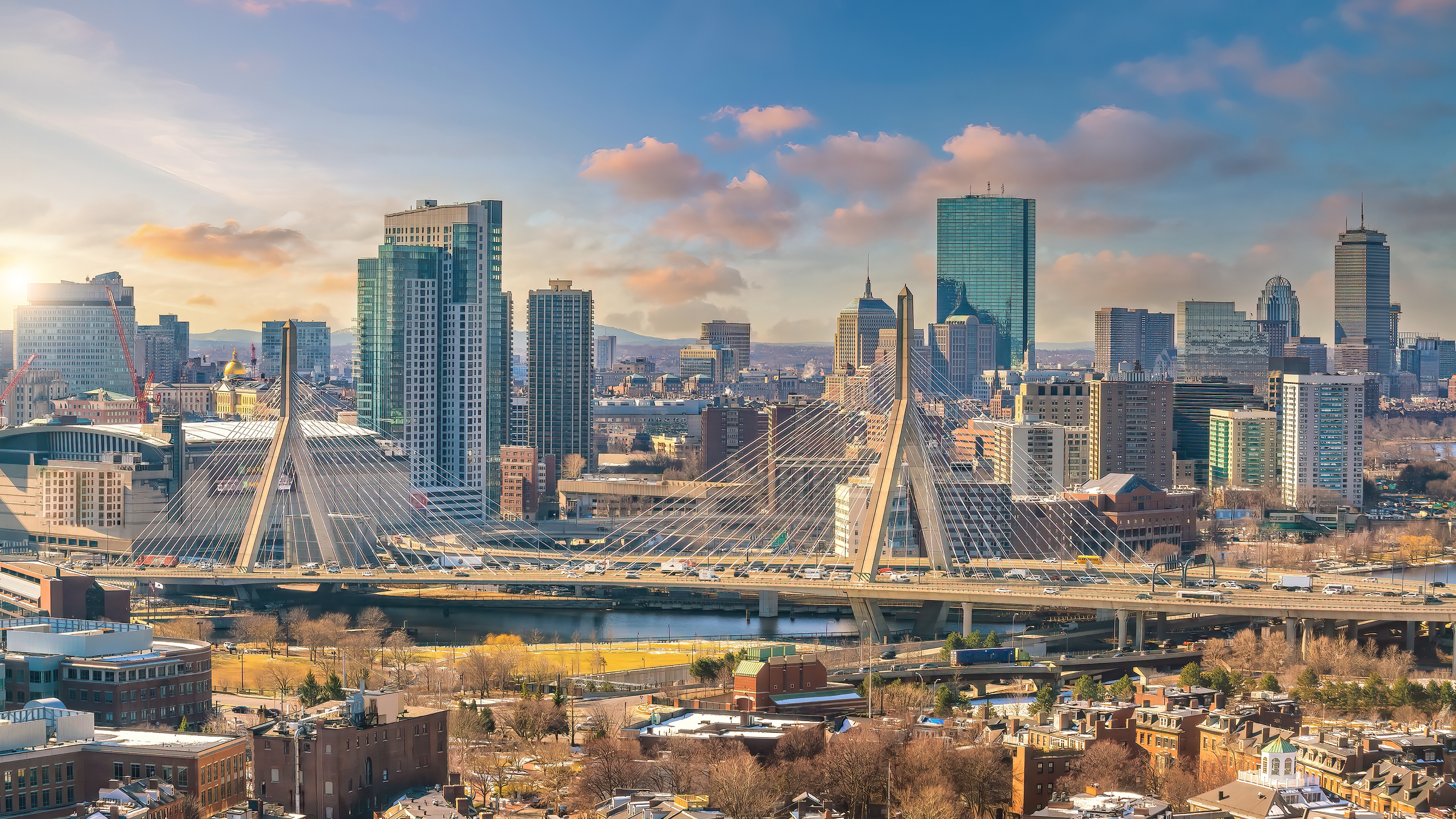 Downtown Boston city skyline cityscape of Massachusetts in United States at sunset