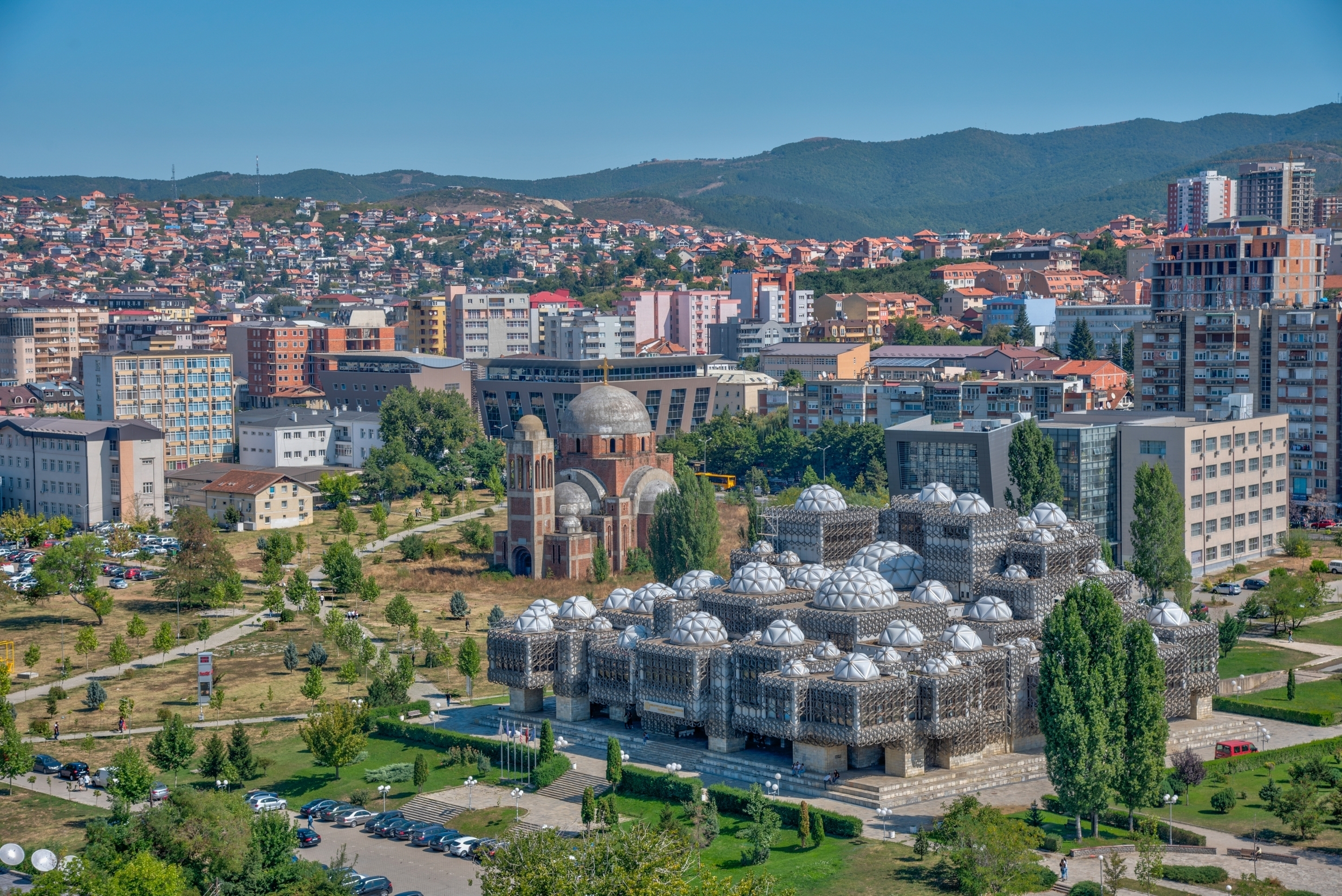 National library of Kosovo and unfinished serbian orthodox church of Christ the Saviour in Prishtina, Kosovo