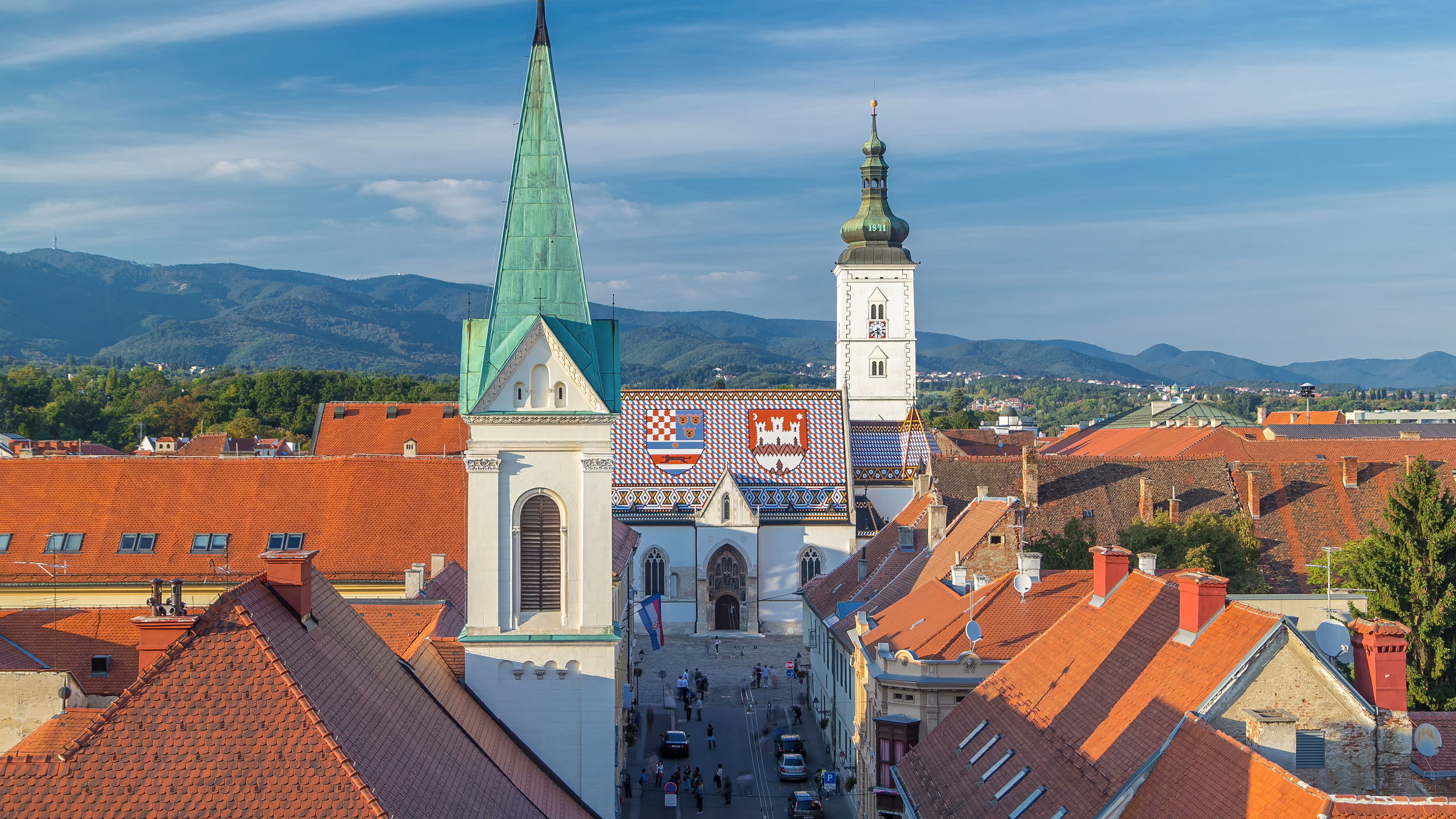 Church of St. Mark timelapse and parliament building Zagreb, Croatia. Top view from Kula Lotrscak tower viewpoint