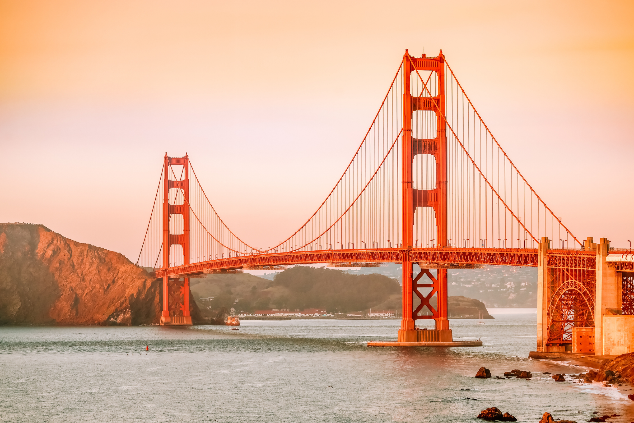 Beautiful view of the Golden Gate Bridge in San Francisco, pastel colors. Concept, travel, world attractions