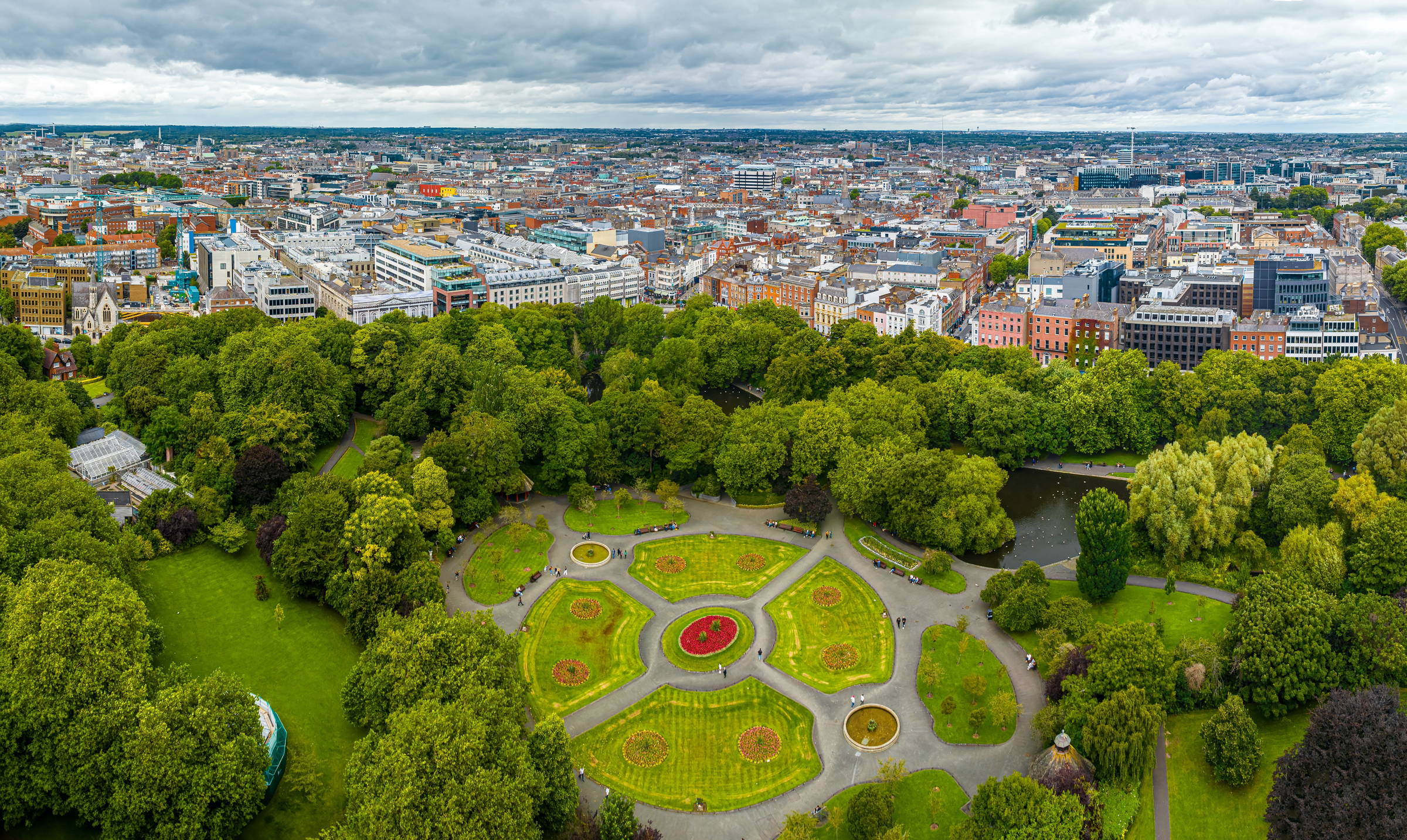 Aerial view of St Stephen's Green Park, a historical park and garden, located in the centre of Dublin city