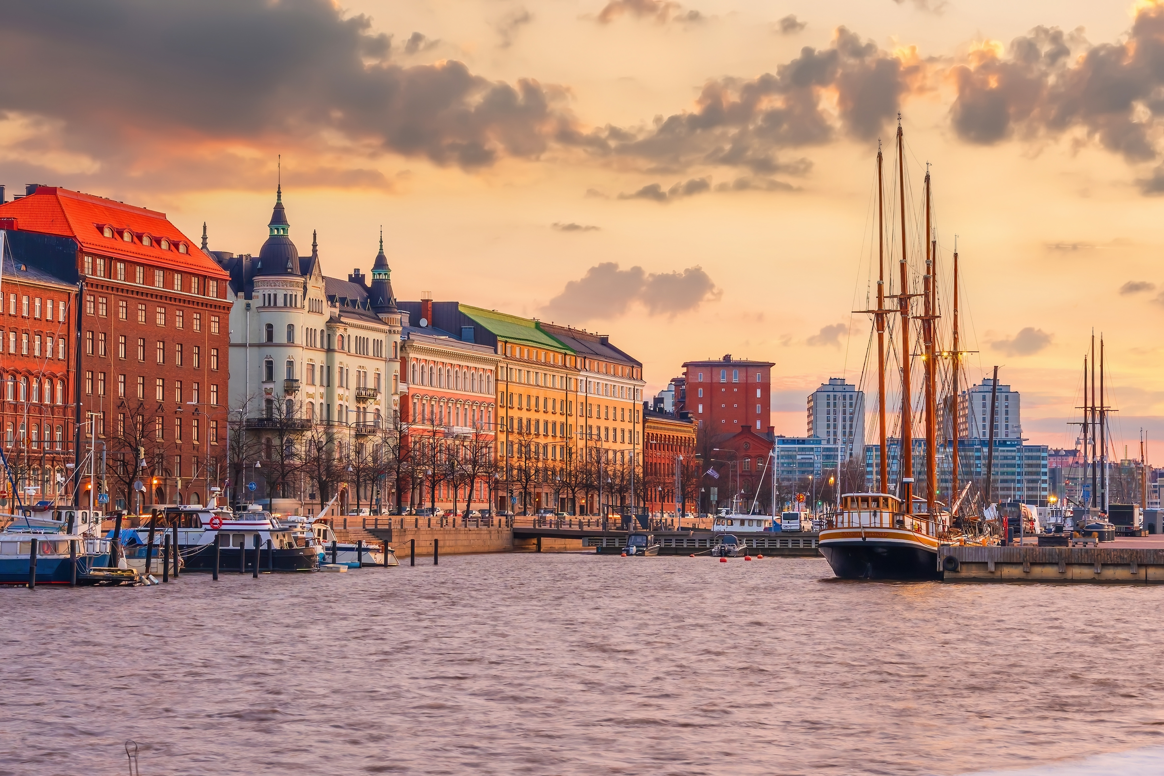 Helsinki city skyline, cityscape of Finland at sunset