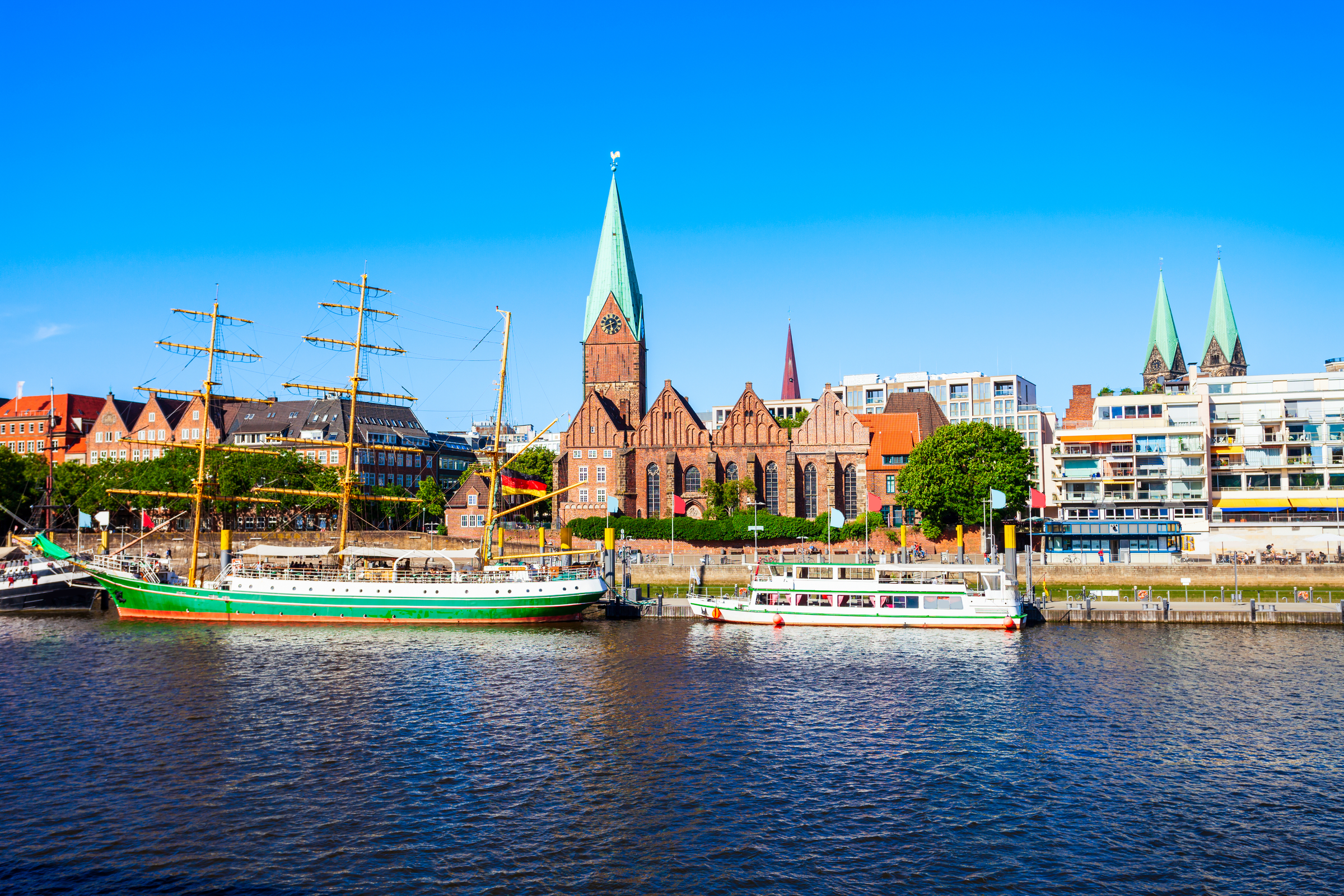 Ships at the Weser river in Bremen city, Germany