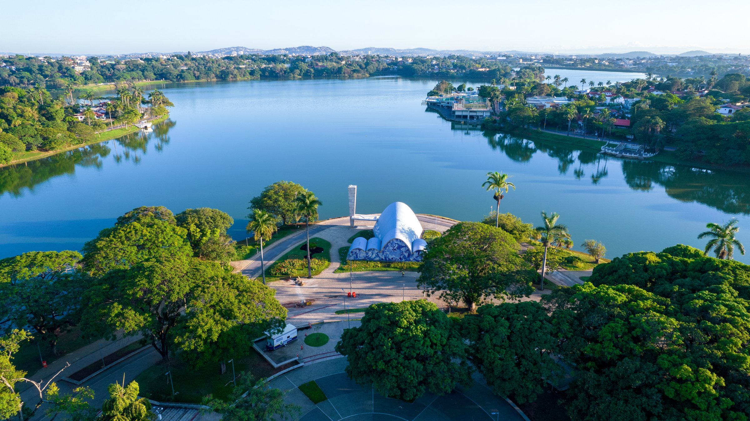 Lagoa da Pampulha, in Belo Horizonte, overlooking the Church of São Francisco de Assis and Guanabara Park. Minas Gerais Brazil. Aerial view.