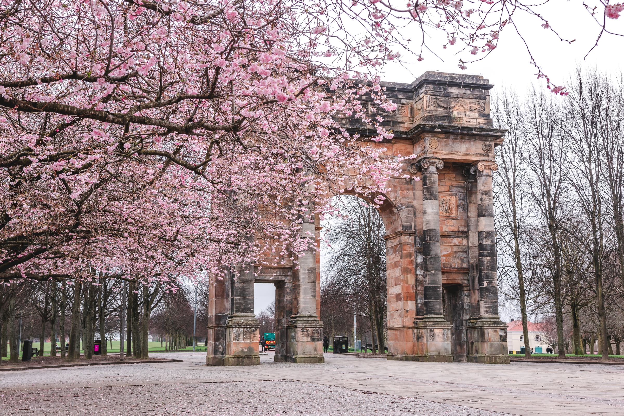 McLennan Arch entrance of Glasgow Green during spring season featuring blooming cherry blossom