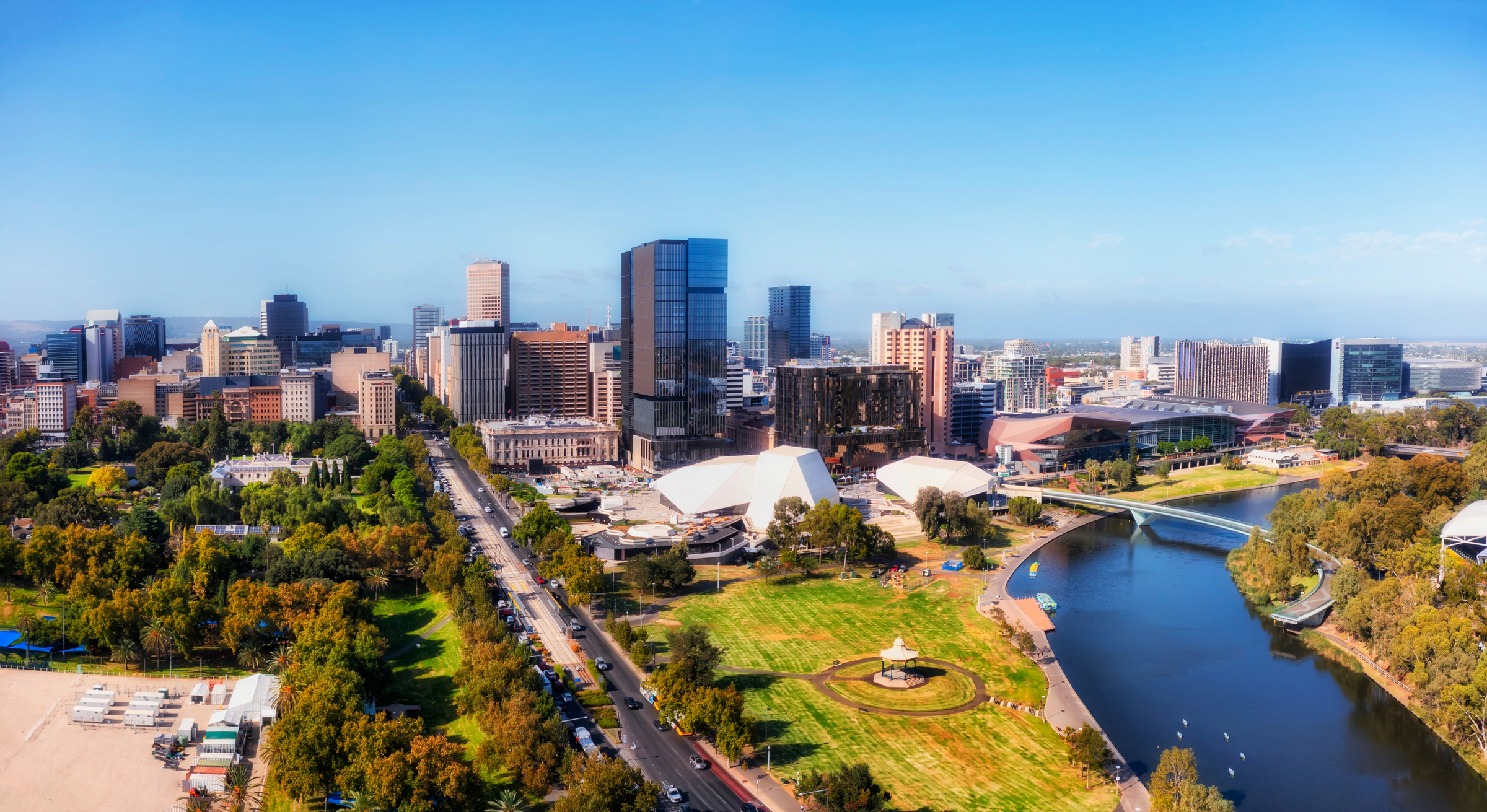 Skyline of Adelaide city CBD cityscape on shores of Torrens river in South Australia - aerial urban view.