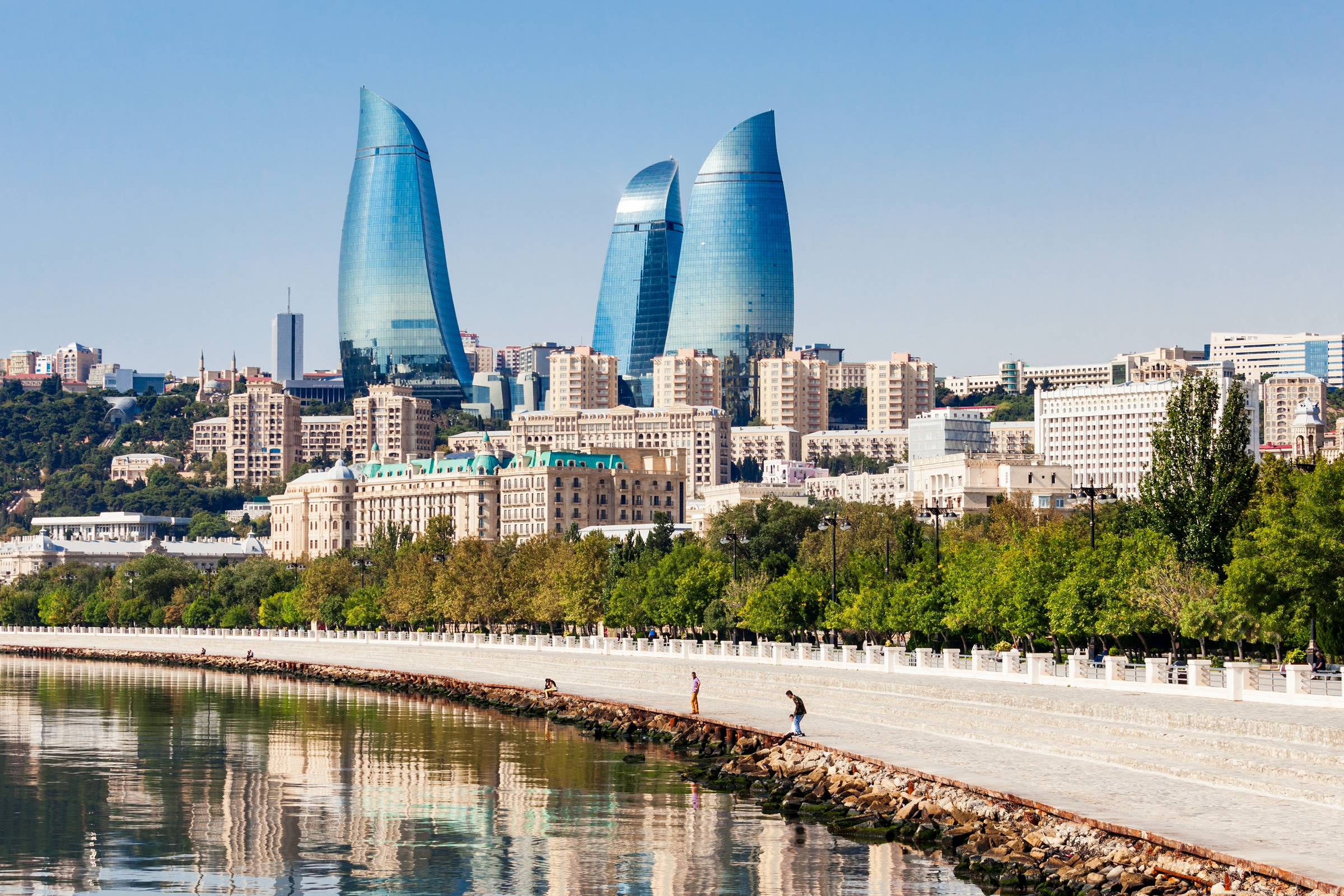 Baku boulevard at the Caspian Sea embankment. Baku is the capital and largest city of Azerbaijan.