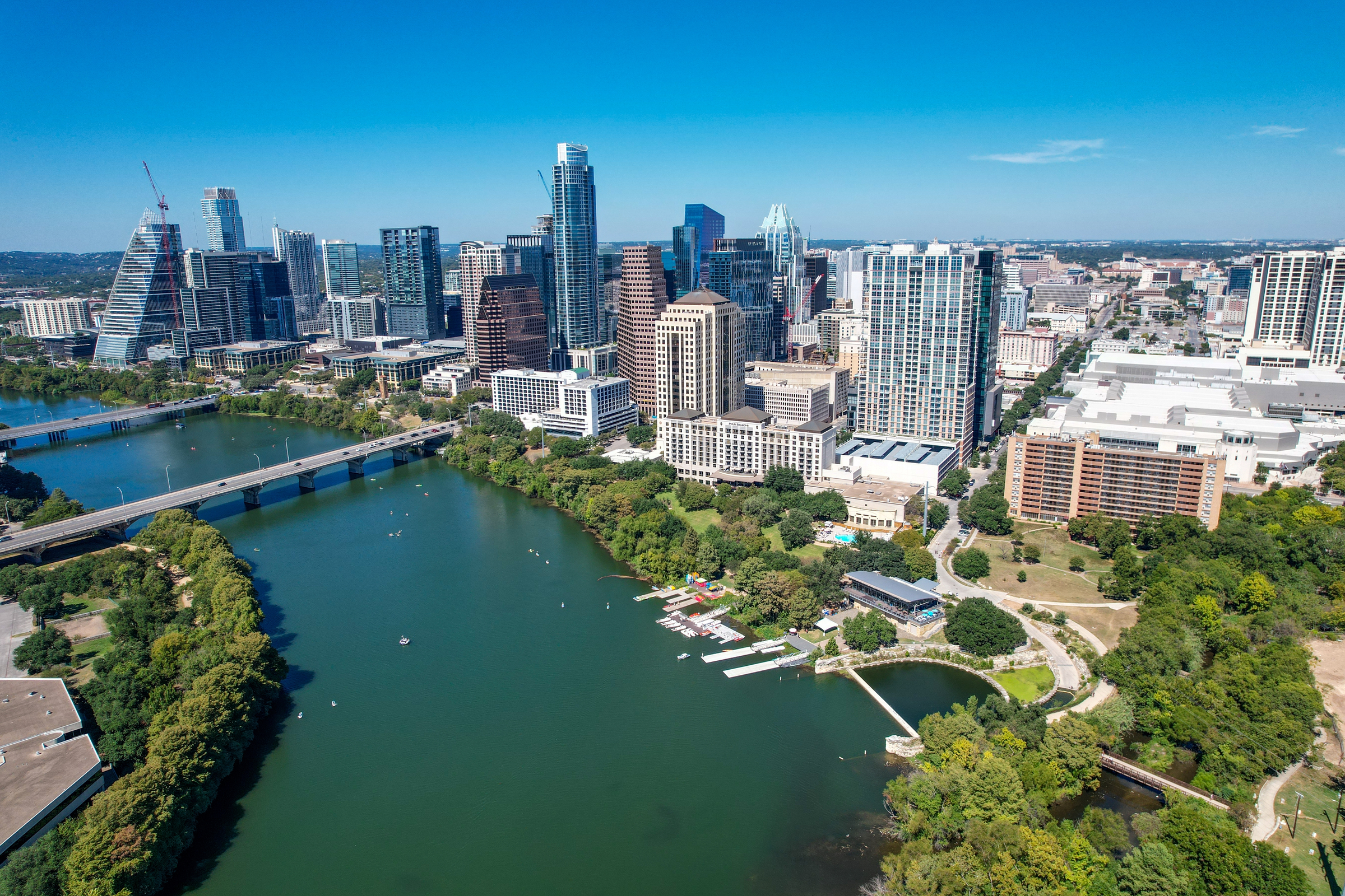 Aerial views from over downtown Austin and Lady Bird Lake