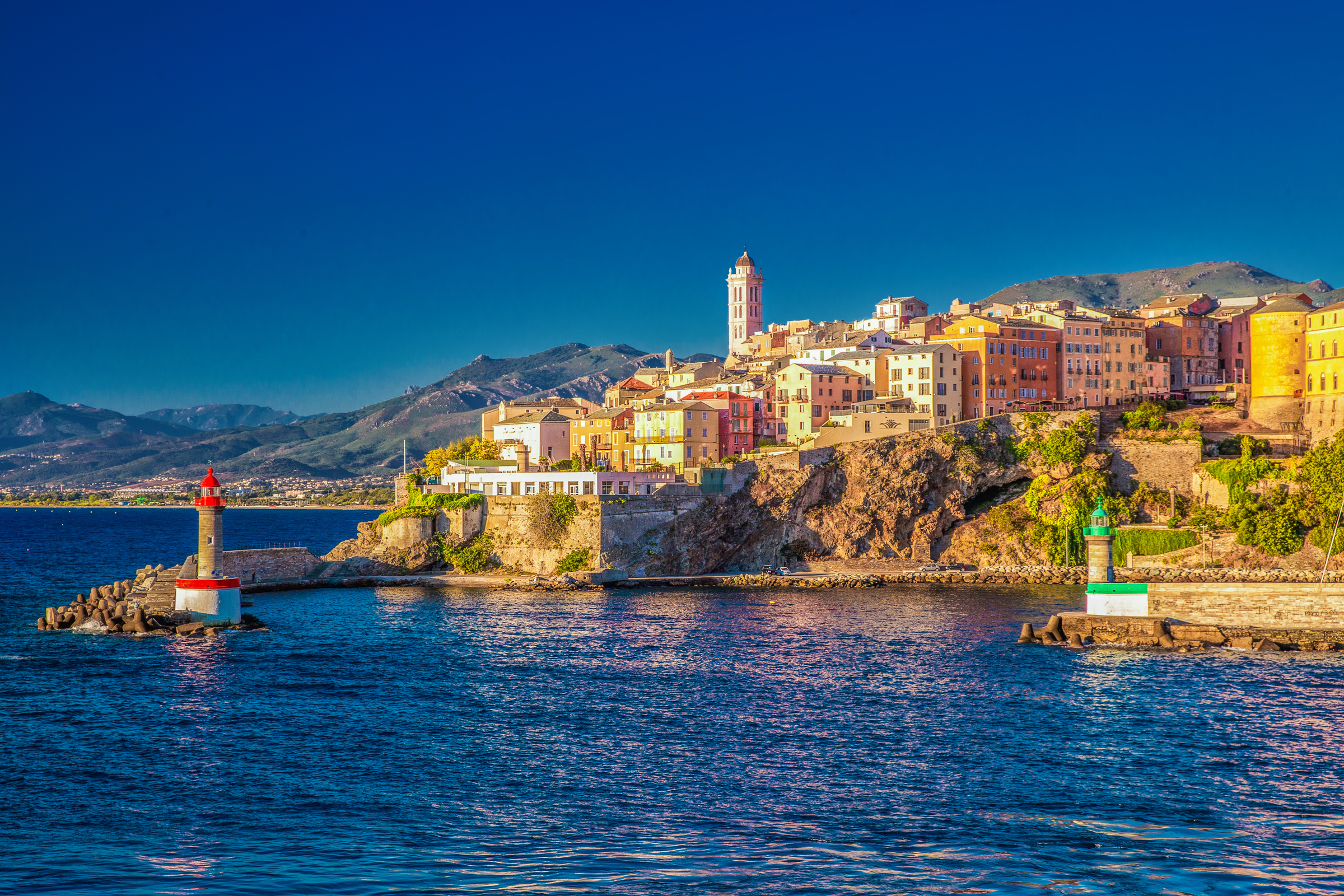 View to Bastia old city center, lighthouse and harbour. Bastia is second biggest town on Corsica, France, Europe.