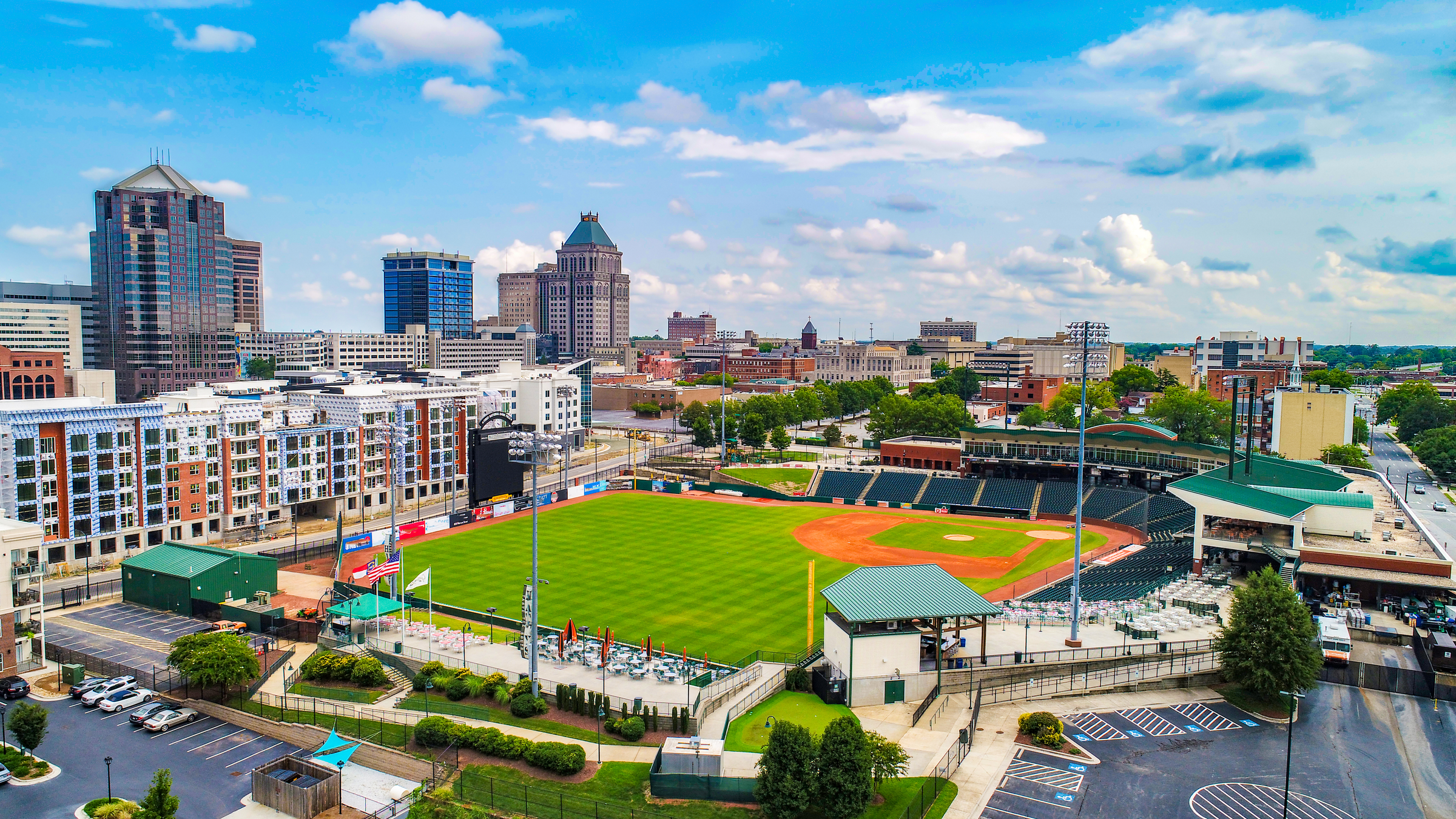 Drone Aerial of Downtown Greensboro North Carolina NC Skyline