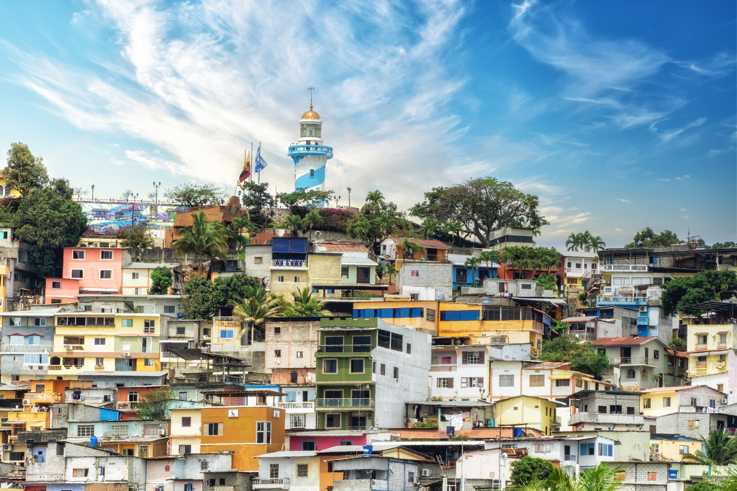 View of Santa Ana hill and the Las Penas neighborhood in Guayaquil, Ecuador with a lighthouse on top