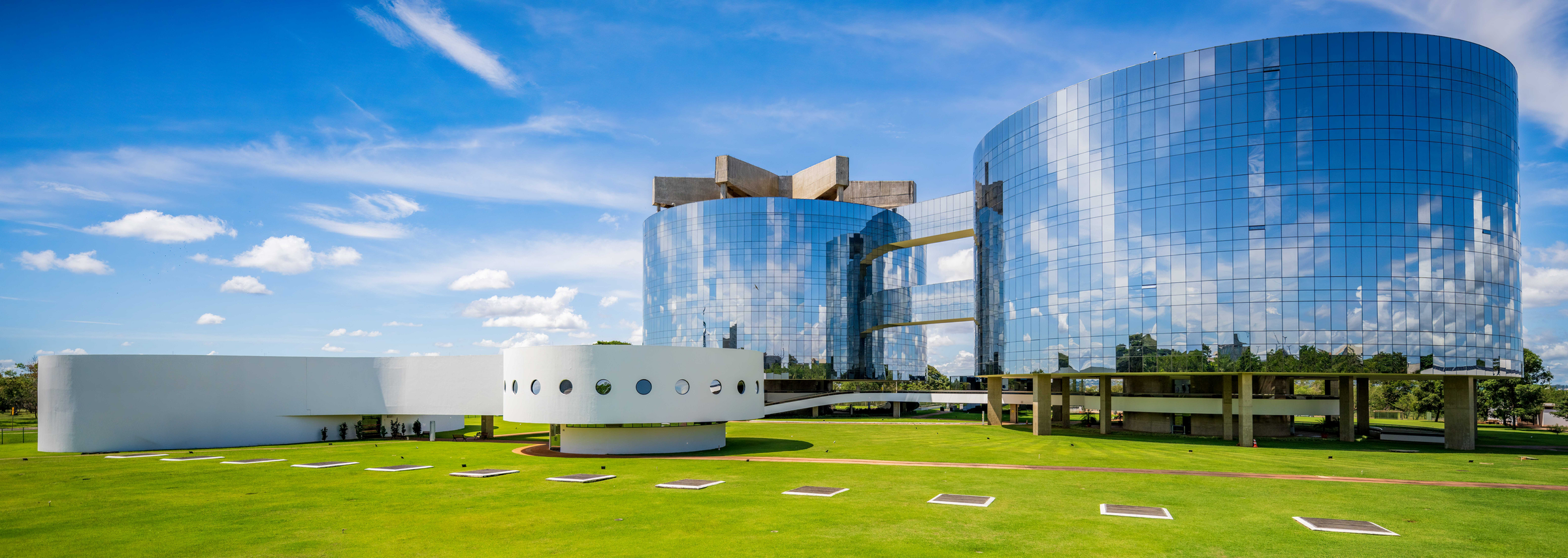 A panoramic shot of the modern glass Attorney General Office buildings in Brasilia, Brazil