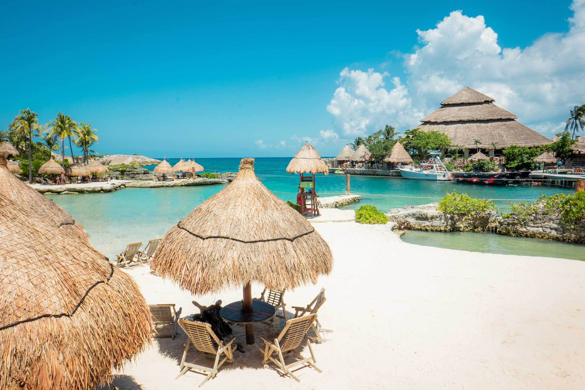 Caribbean beach and lagoon on a sunny day in summertime. Cancun, Mexico.