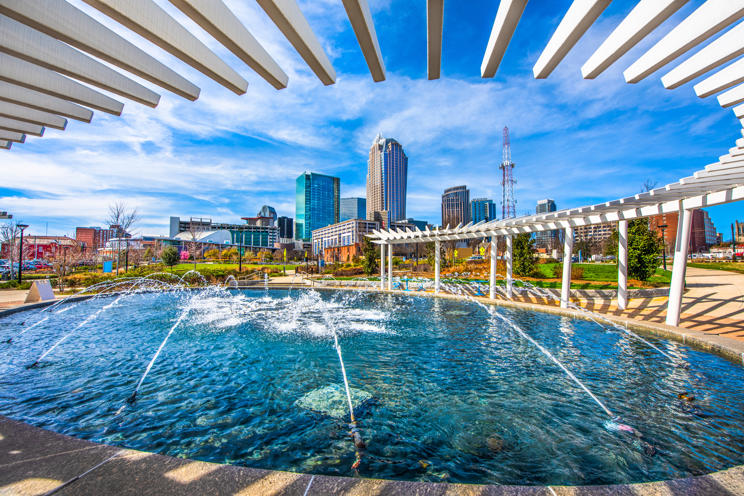 Charlotte North Carolina Skyline from First Ward Park Fountain