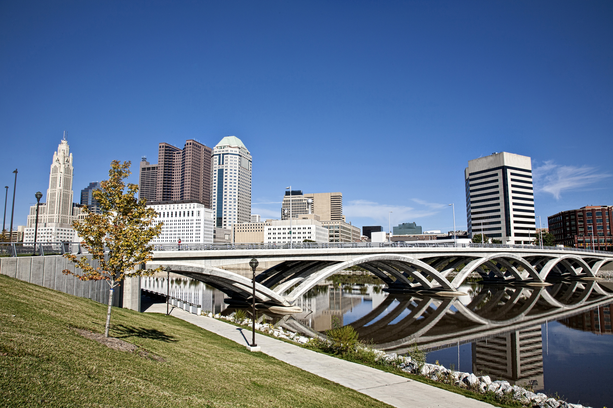 City of Columbus, Ohio with the new Rich Street Bridge in the foreground.