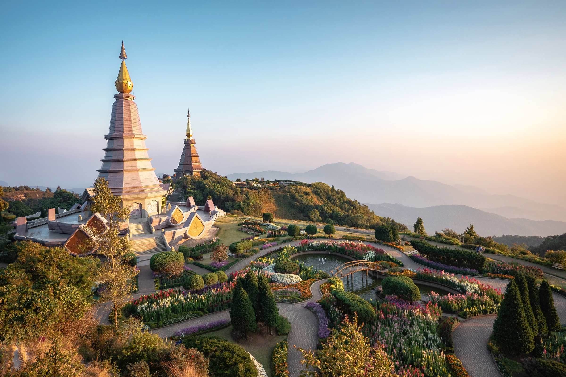 Twin pagodas at Doi Inthanon, one of the most popular national parks in Thailand, located in Chom Thong District, Chiang Mai Province, northern Thailand.