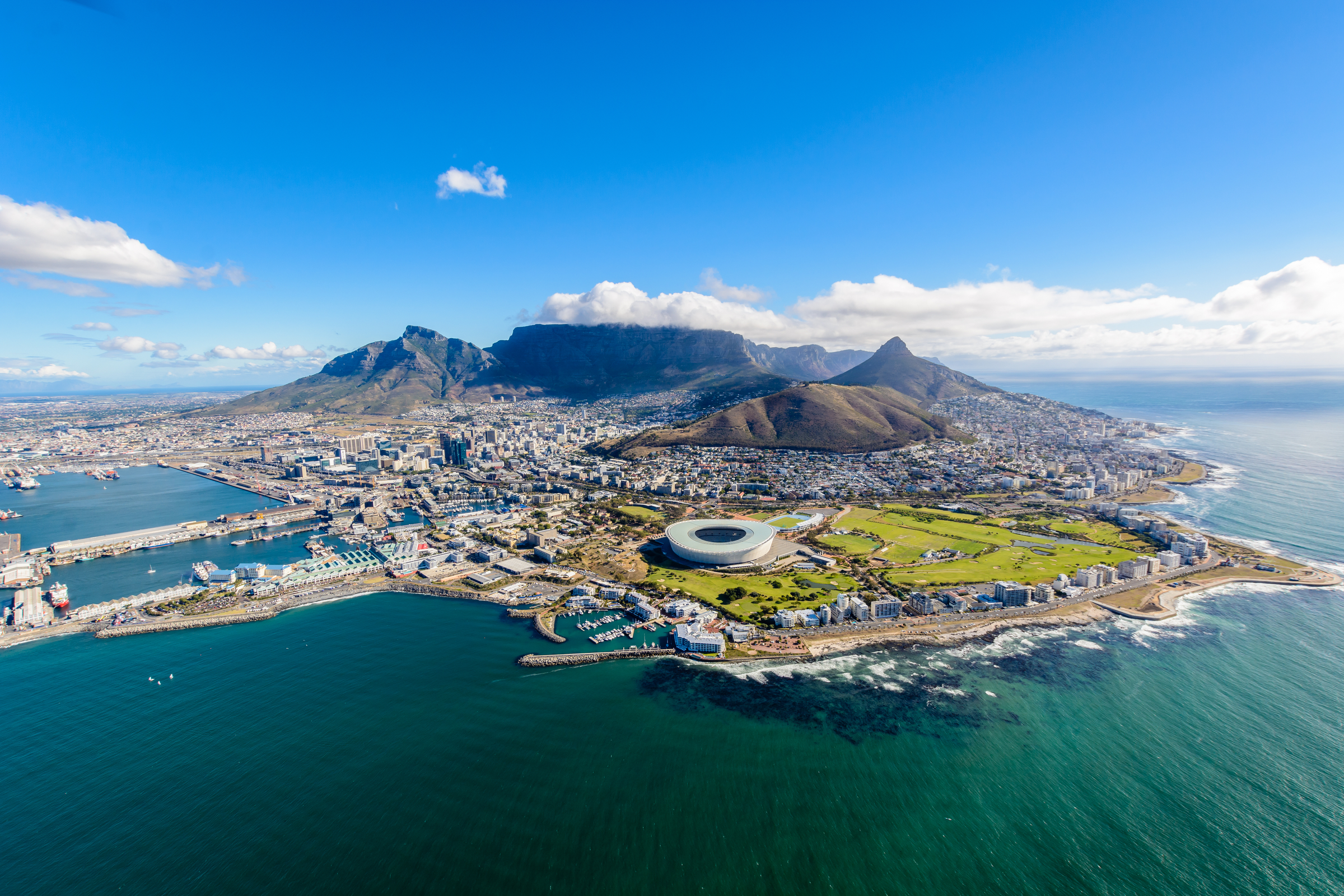 Aerial view of Cape Town, South Africa on a sunny afternoon. Photo taken from a helicopter during air tour of Cape Town