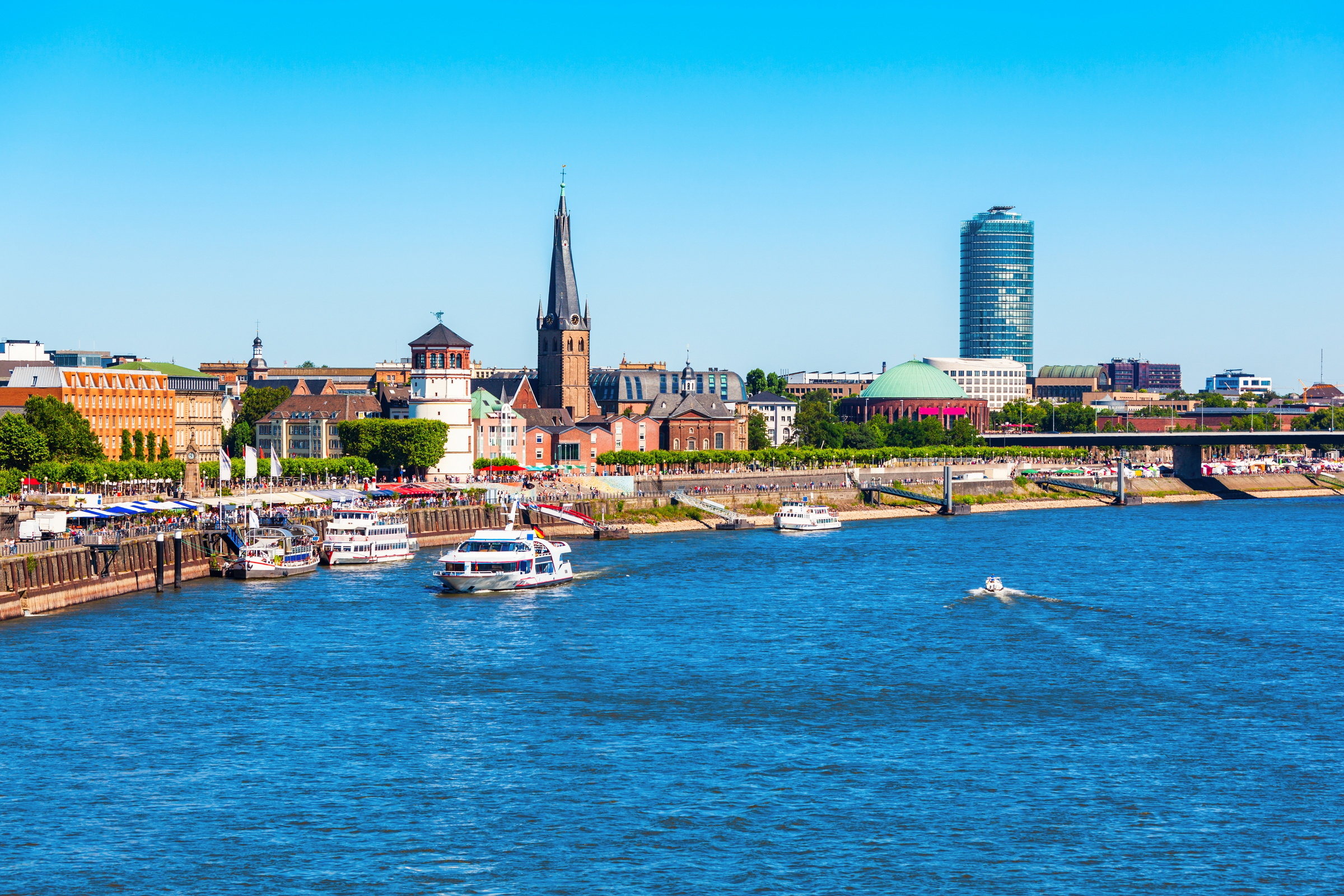 St. Lambertus Church and Schlossturm castle tower in aldstadt old town of Dusseldorf city in Germany