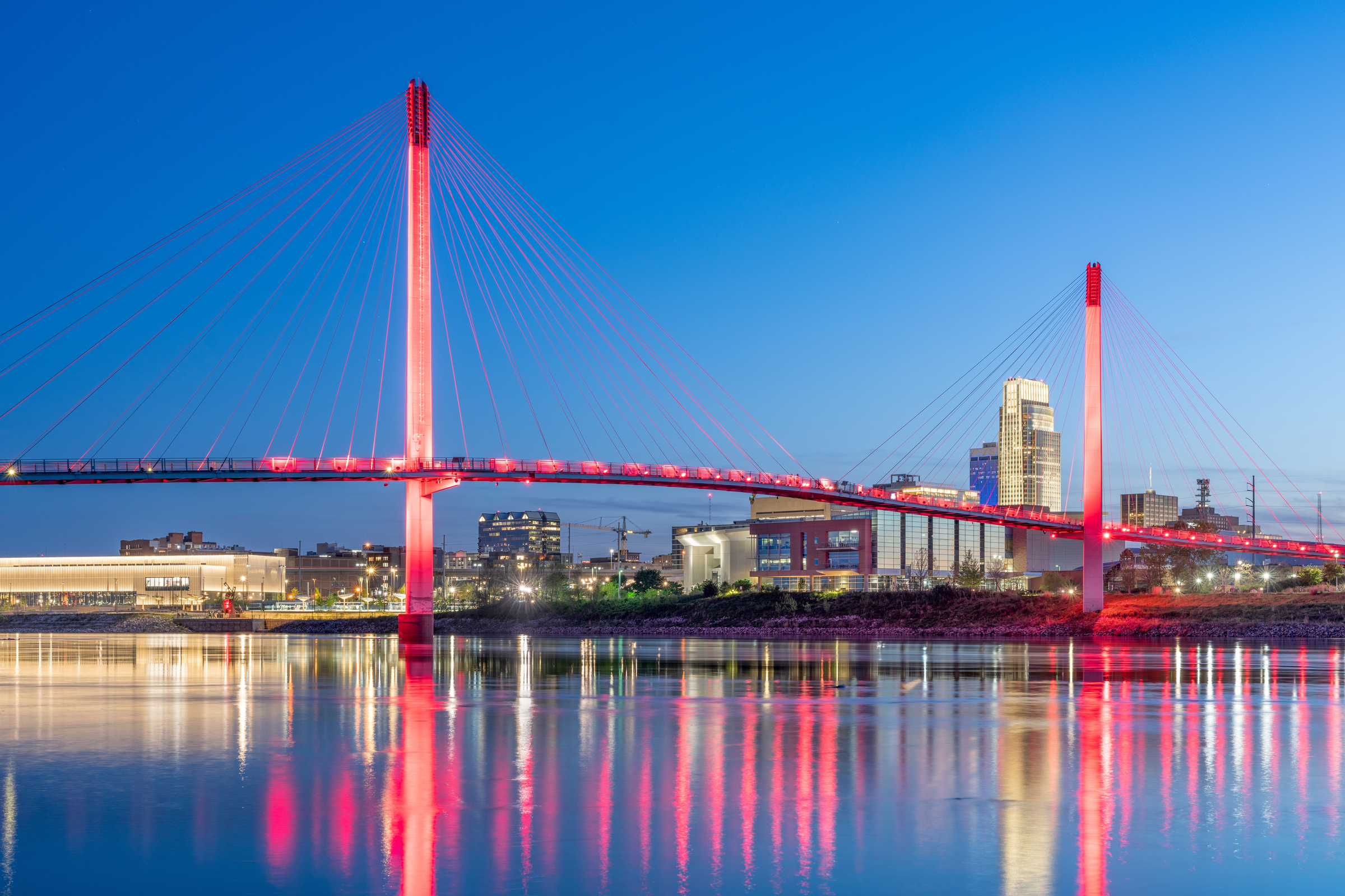 Omaha, Nebraska, USA Skyline on the Missouri River at dusk.