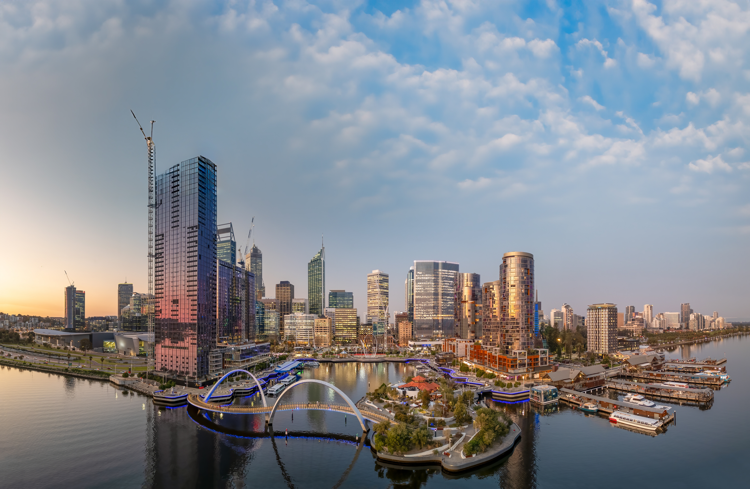 Panoramic sunset view of Elisabeth Quay in Perth from drone viewpoint.