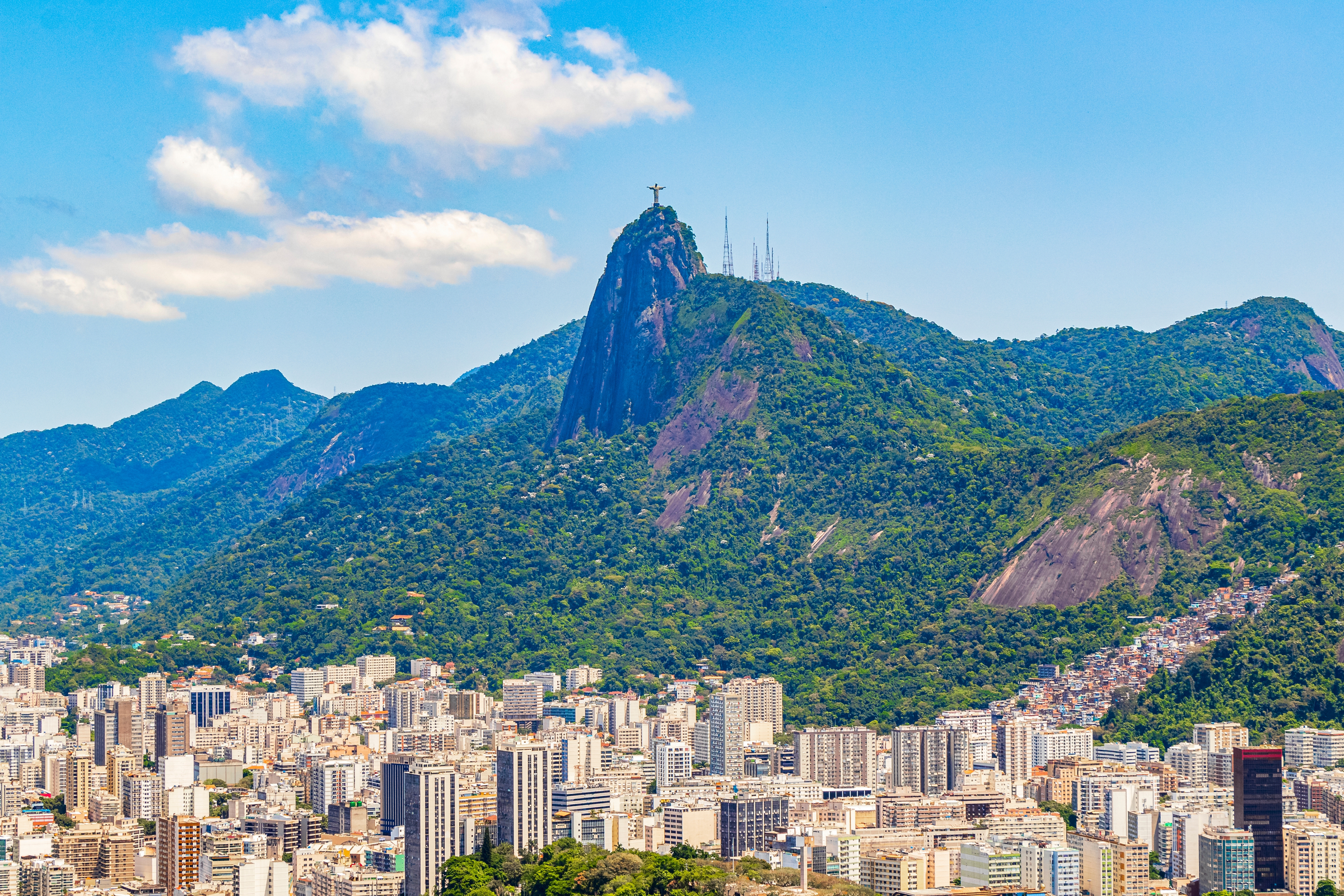 Cristo Redentor on the Corcovado mountain panorama view forests and cityscape of Alto da Boa Vista Rio de Janeiro Brazil.