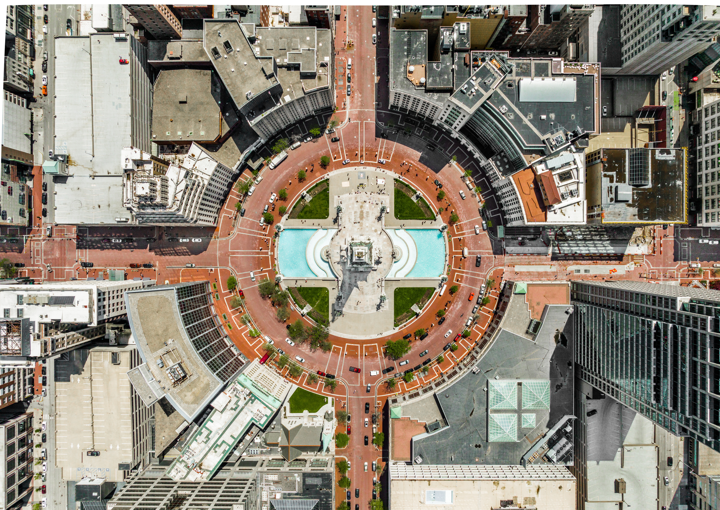 An aerial view of Monument Circle, Indianapolis