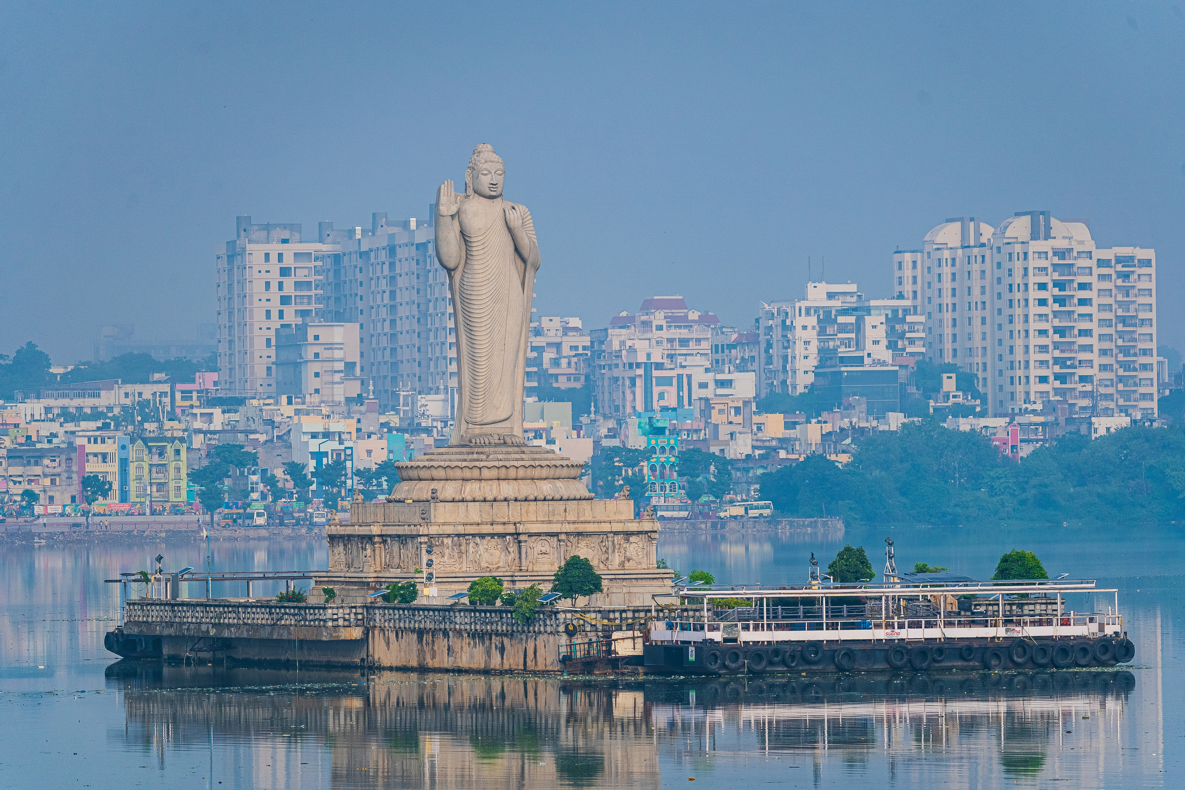 The Buddha Statue in Hussain Sagar lake in Hyderabad