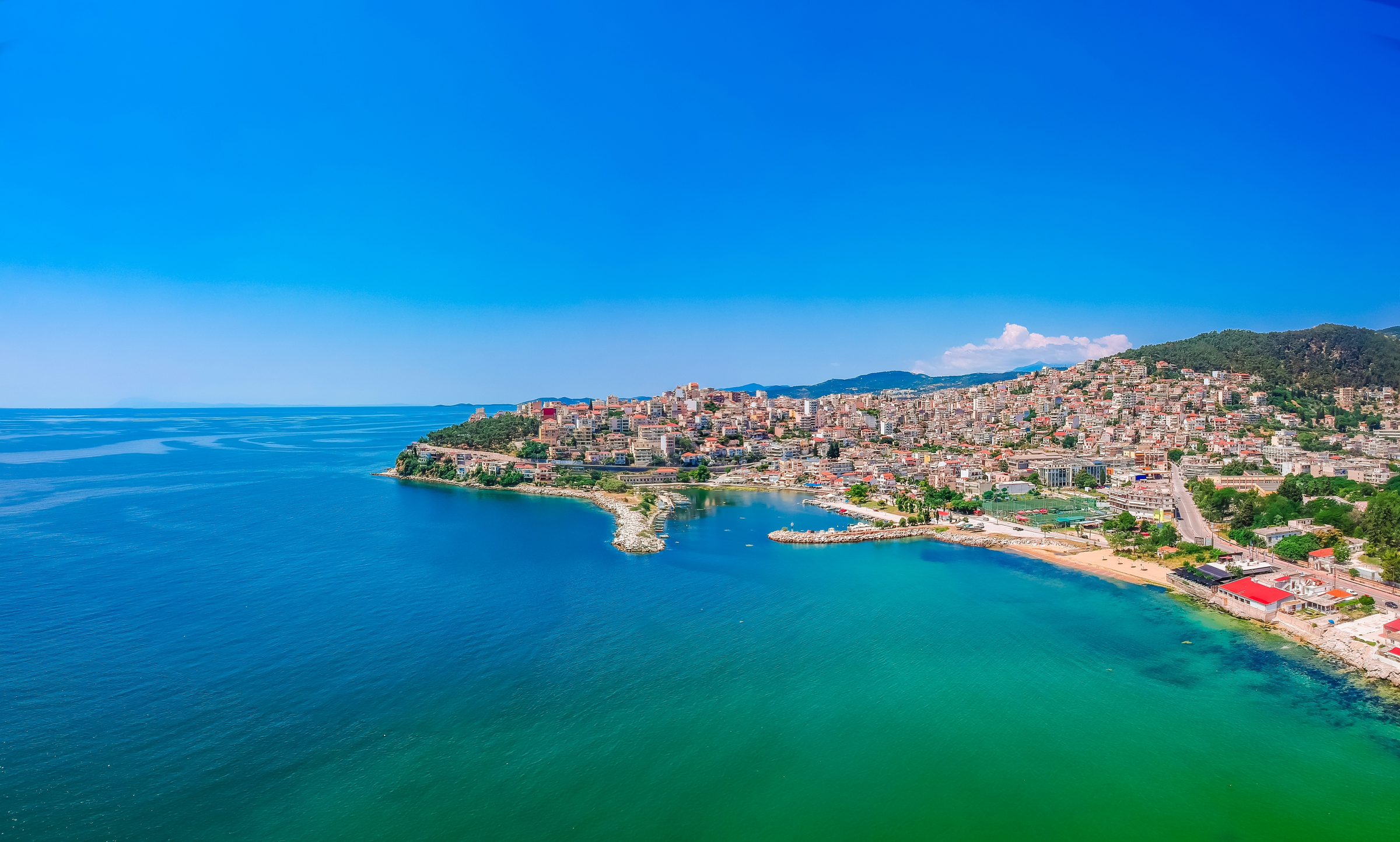 Beach and sea in Kavala, Greece, Europe. Sand beach and clear water