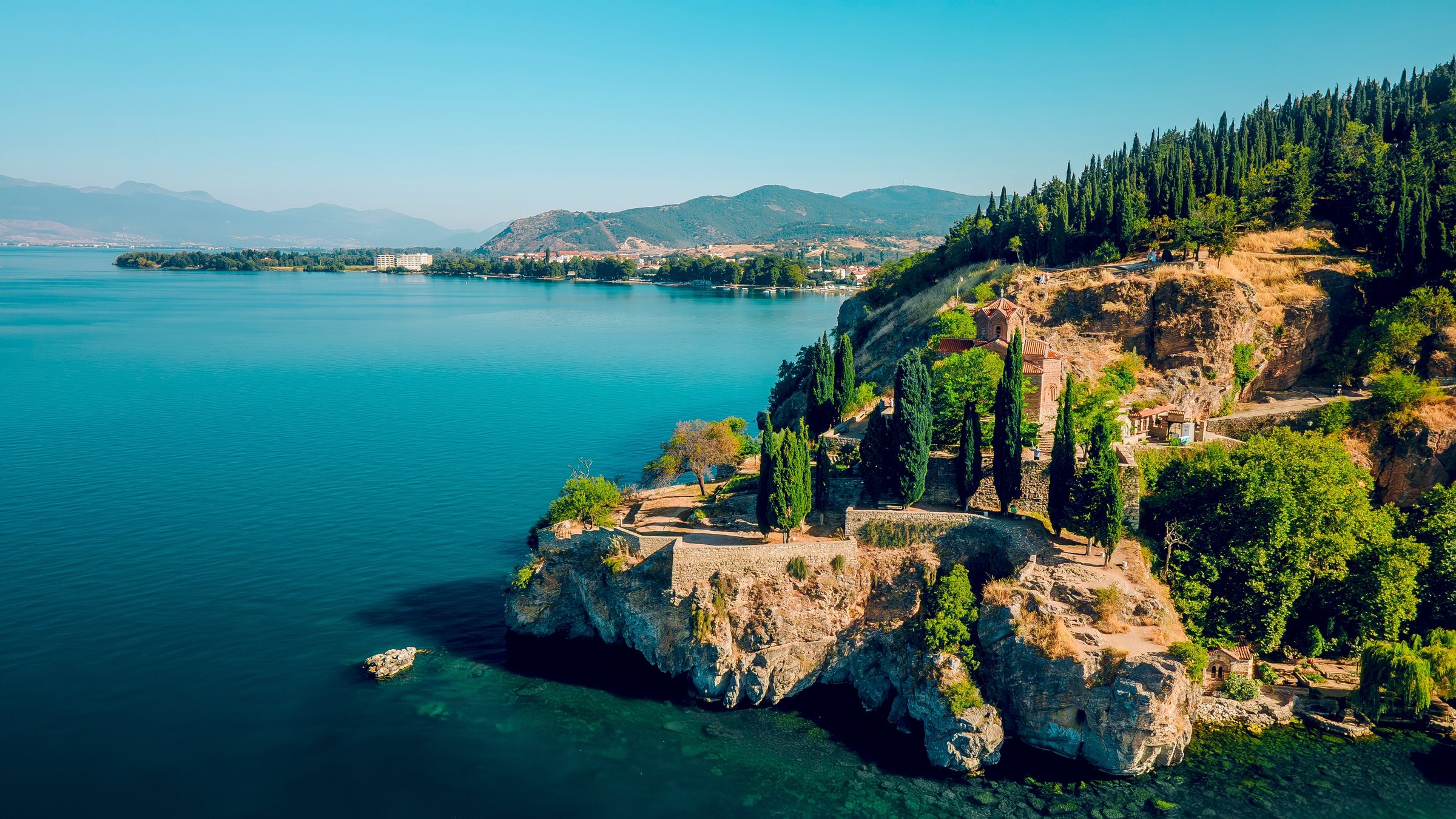 Old town Ohrid . Lake Ohrid. Aerial view. Church.