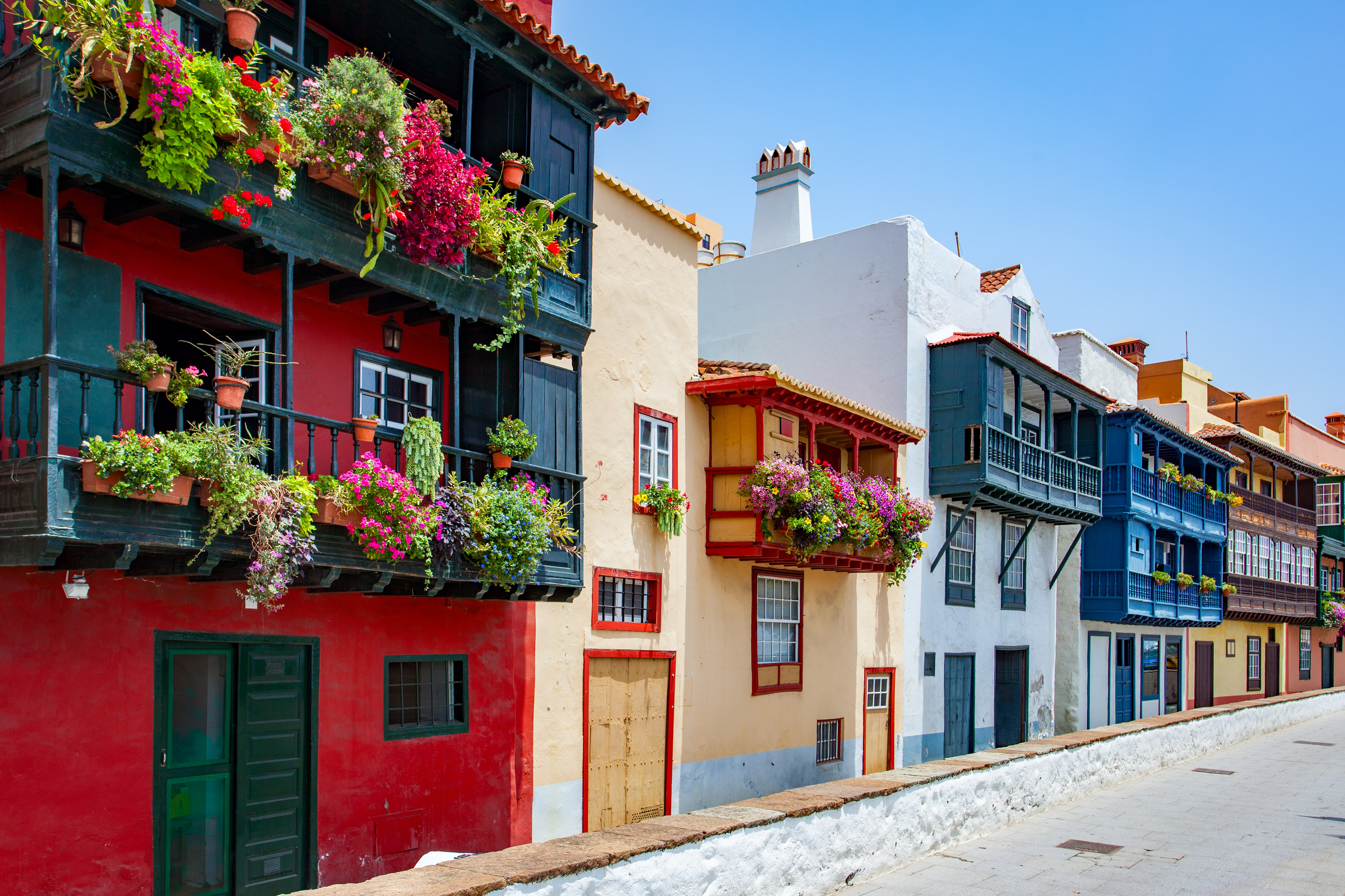 Street with typical local houses in Santa Cruz de La Palma city, Canary Islands, Spain