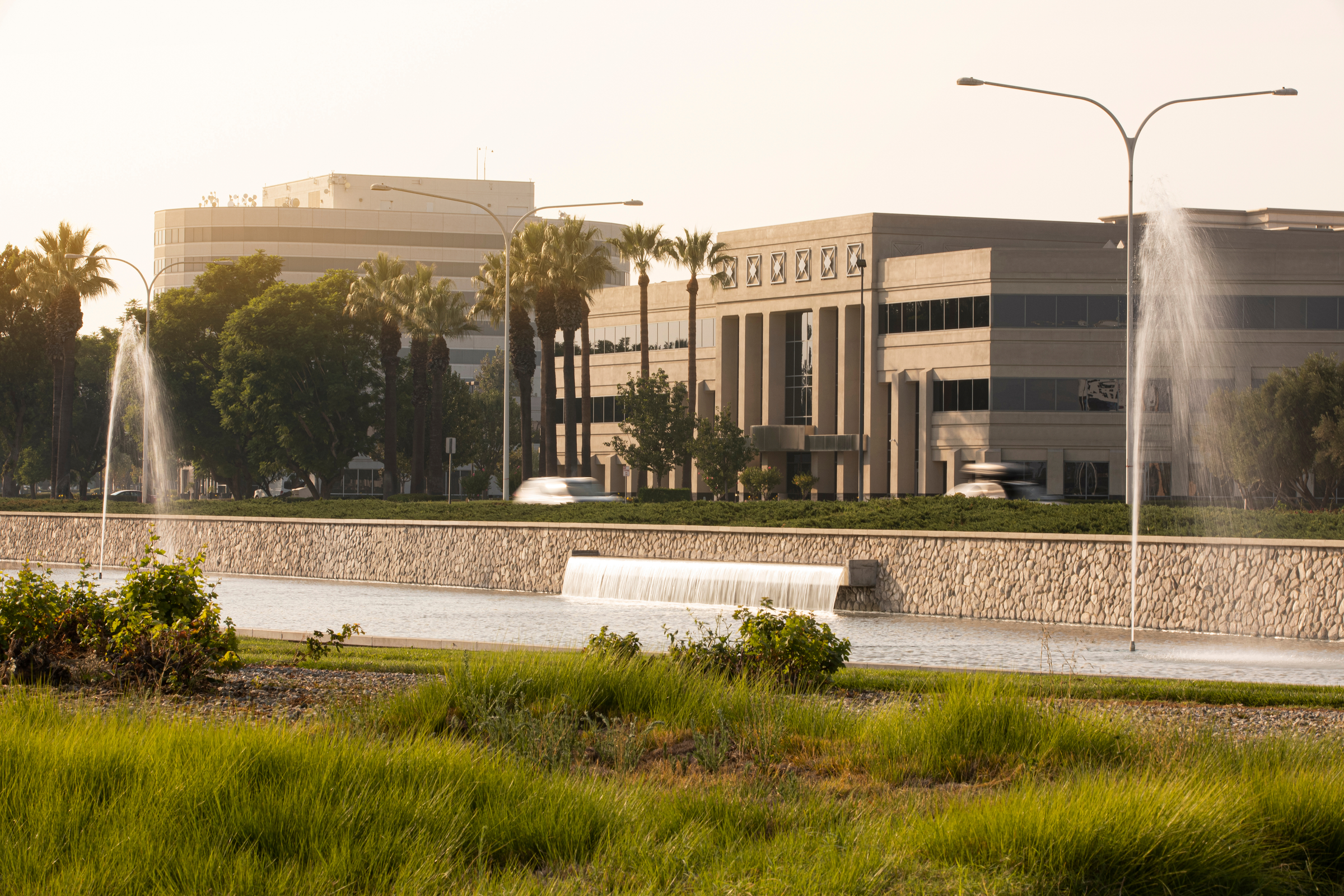 Sunset view of the skyline of Ontario, California, USA.