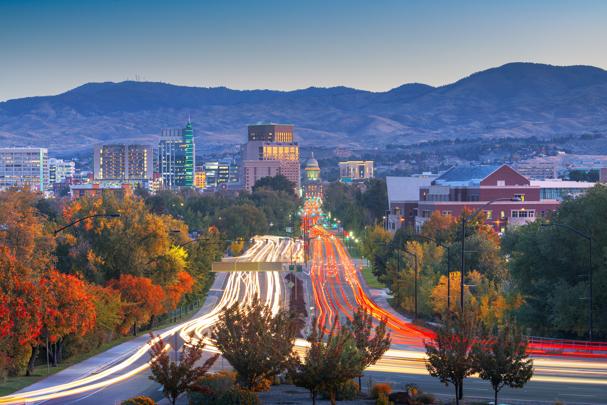 Boise, Idaho, USA downtown cityscape at twilight in autumn season.