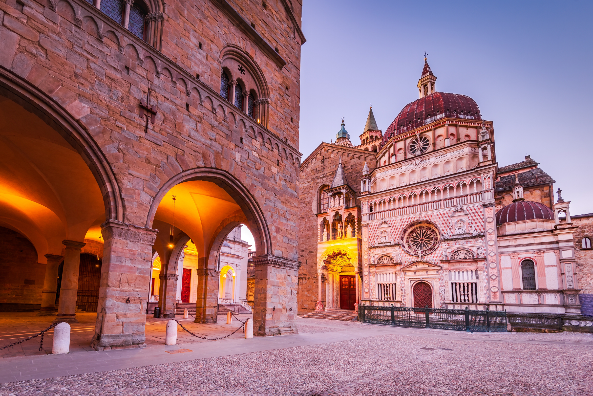 Bergamo, Italy. Charming Piazza Duomo, morning lights in Citta Alta, historical Lombardy.