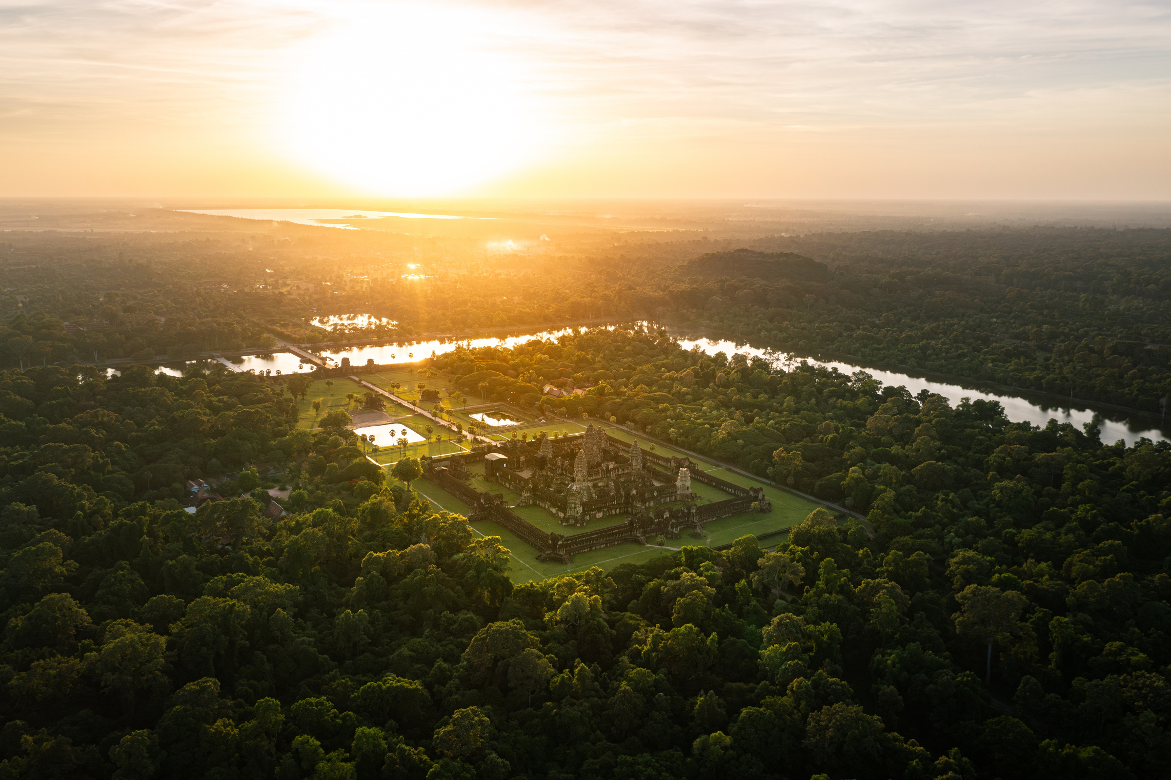 Beautiful High Quality Drone photo of Angkor Wat temple at sunset, Siem Reap, Cambodia