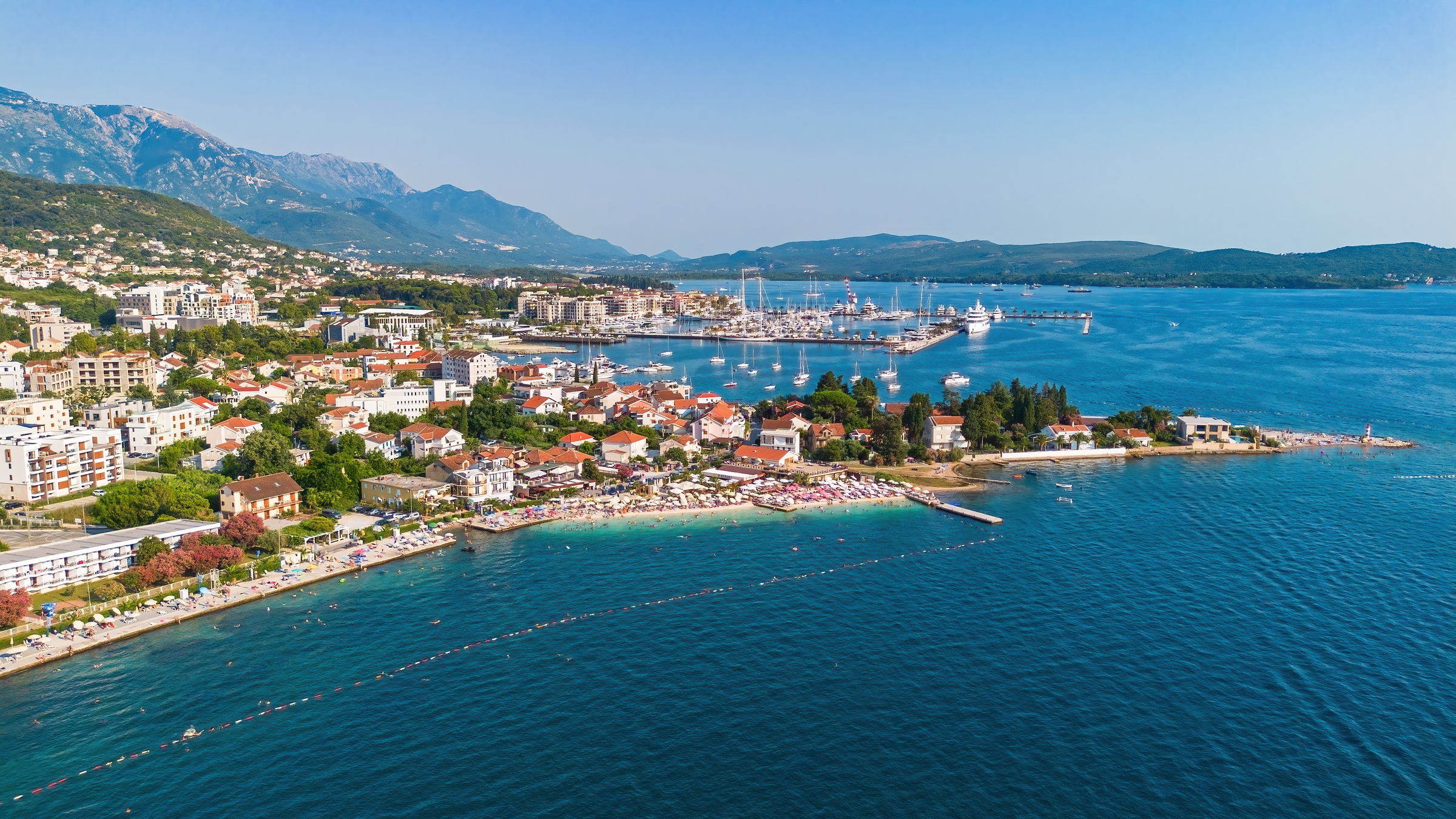 Aerial view of Porto Montenegro, a luxury marina located in Tivat in the Bay of Kotor, Montenegro