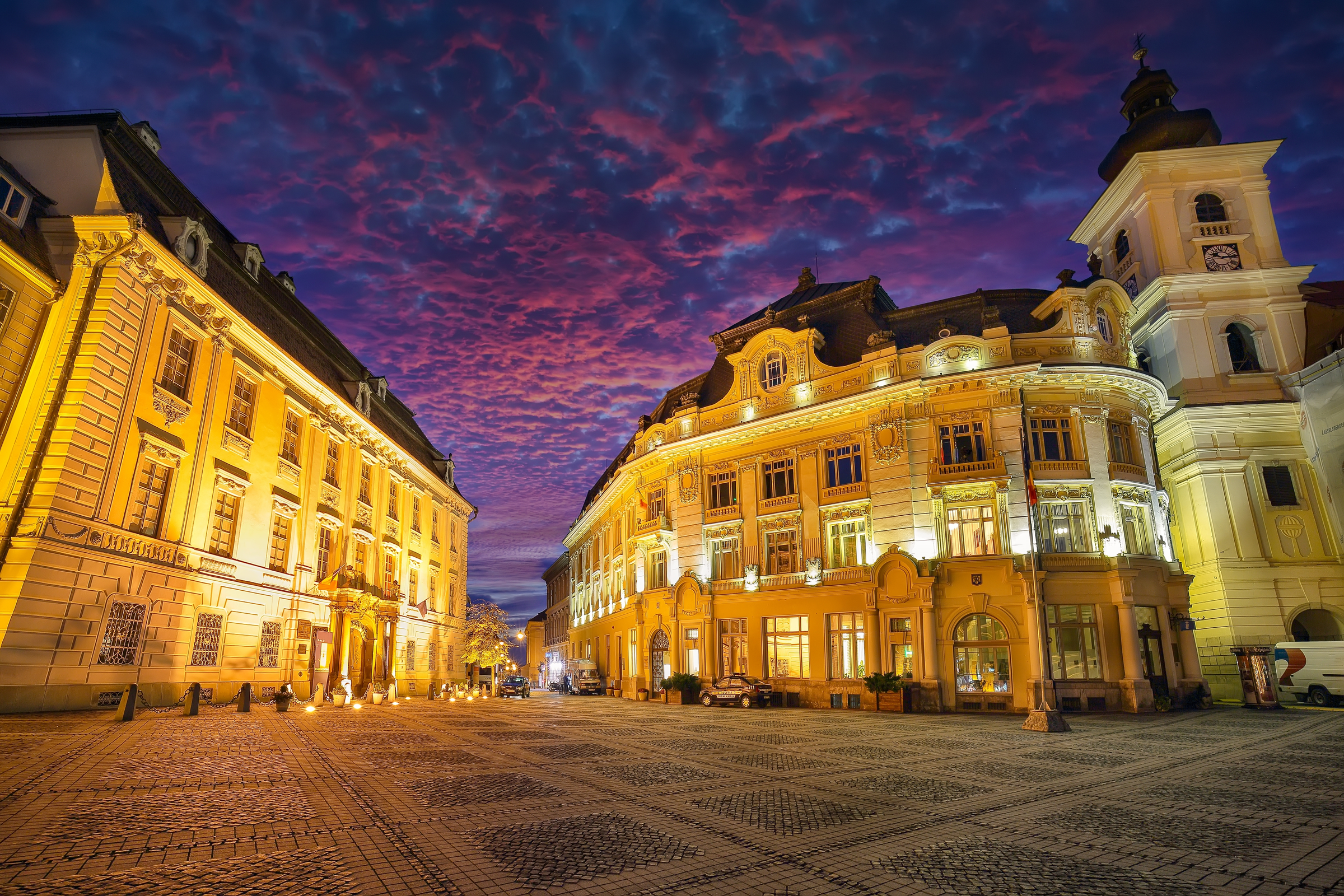 Amazing View of of Piata mare central square in the center of Sibiu city. Impressive scene of Transylvania. Location: Sibiu, Transylvania region, Romania, Europe