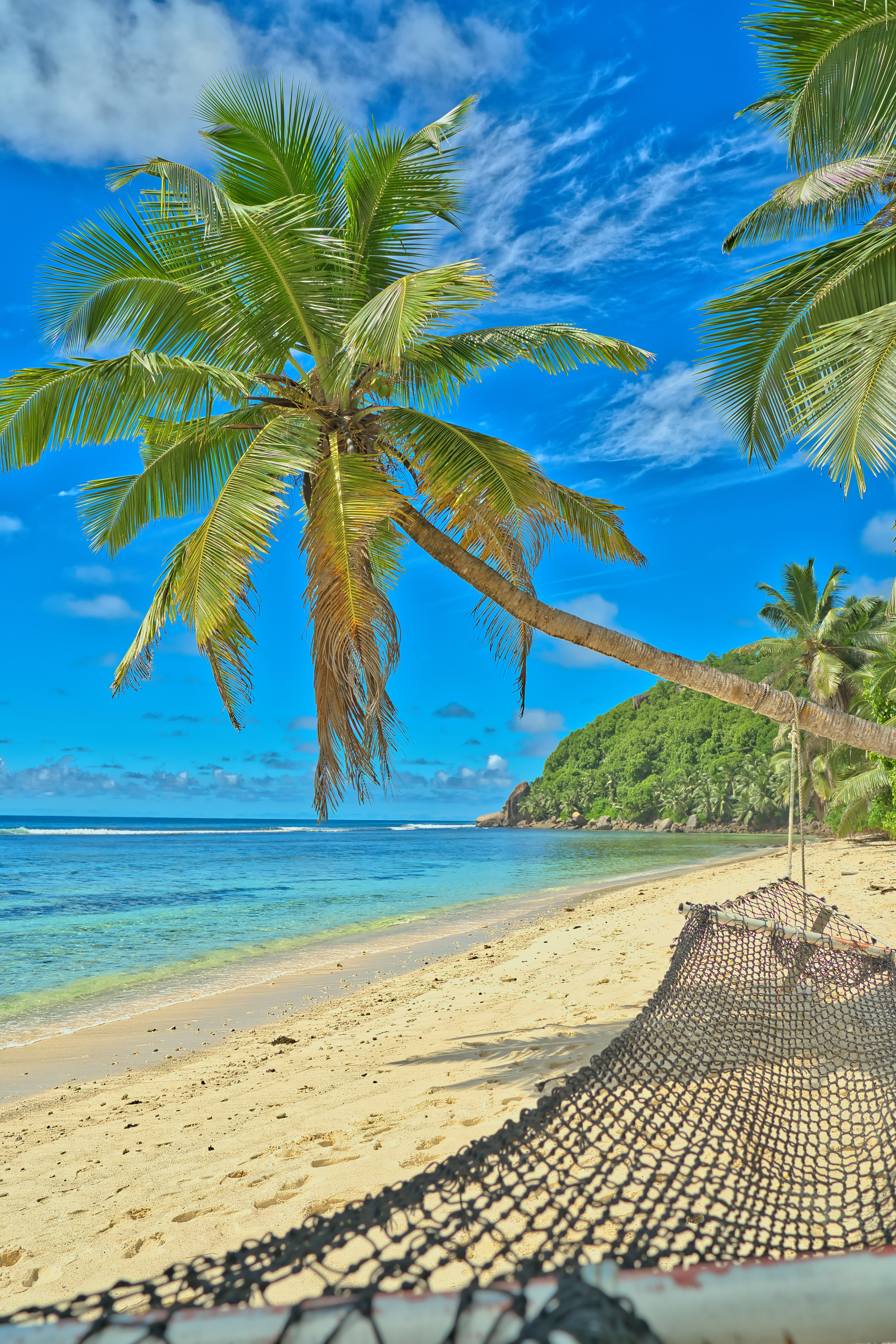 Anse Parnel beach, blue sky turquoise water, low tide sunny day, white sandy beach, coconut palm trees and hammock, Mahe, Seychelles