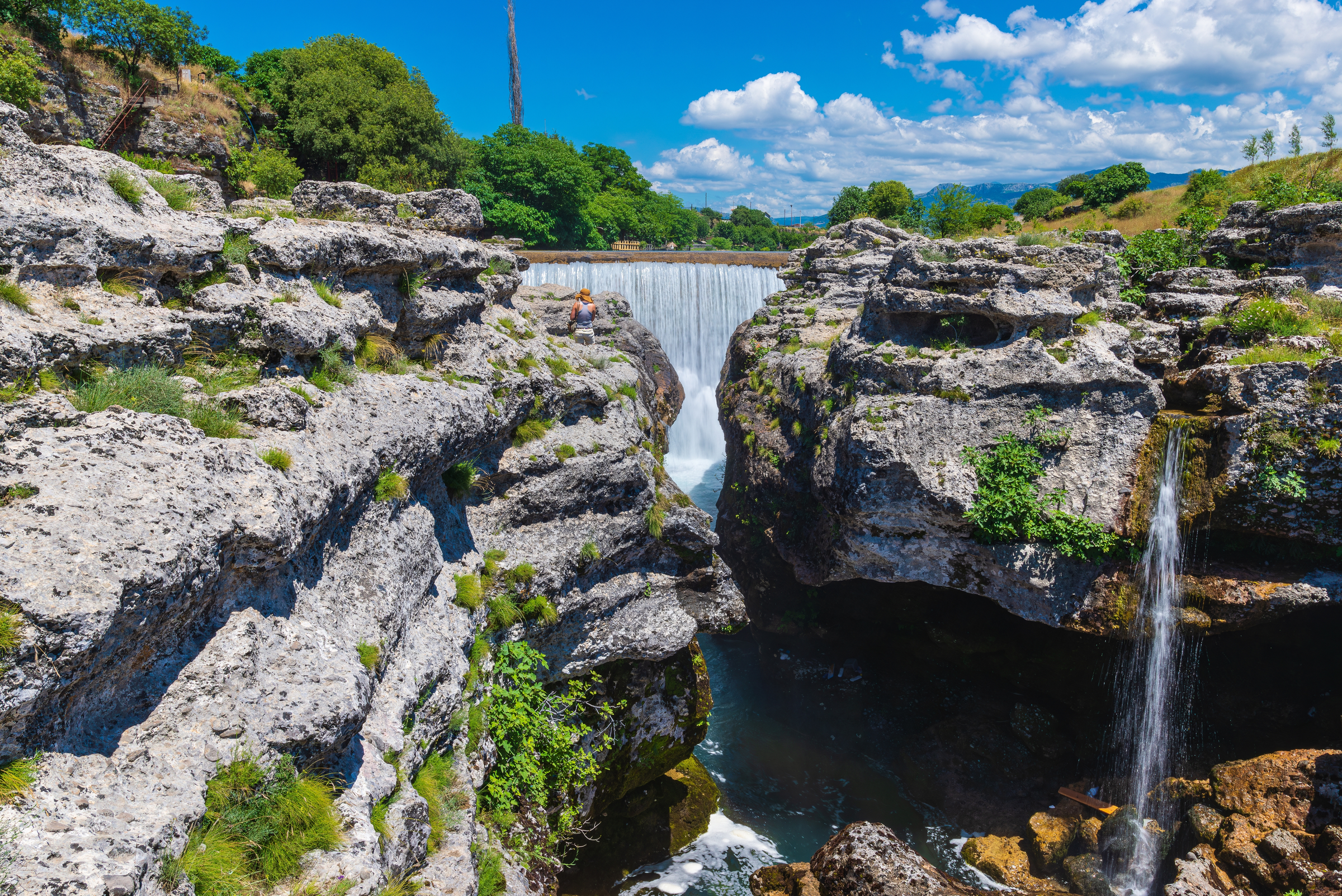 Waterfall of the Tsievna river in karst rocks, Podgorica, Montenegro.