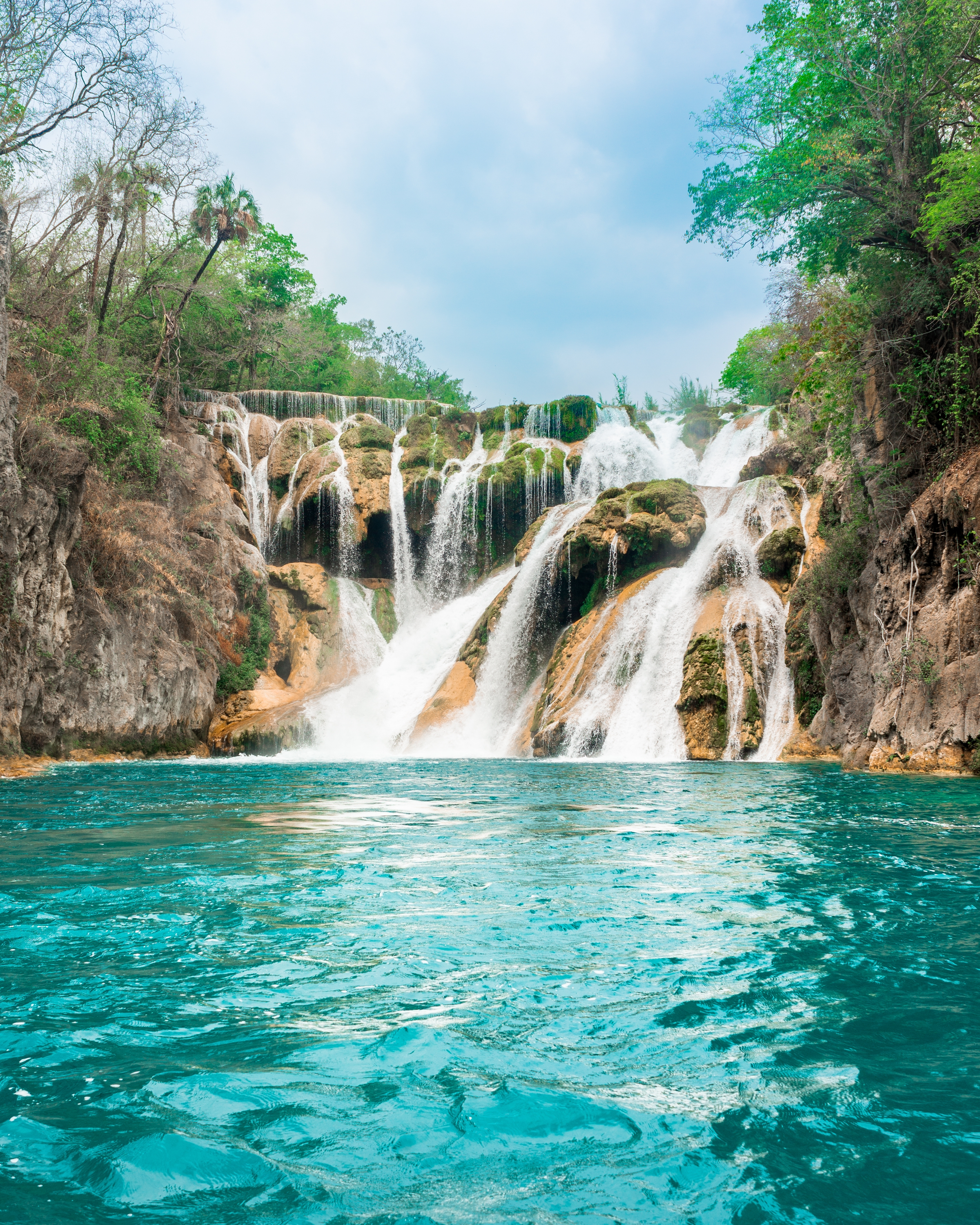 beautiful view from the river of El Salto del Meco, waterfall in San Luis Potosi Mexico, natural tourist destination