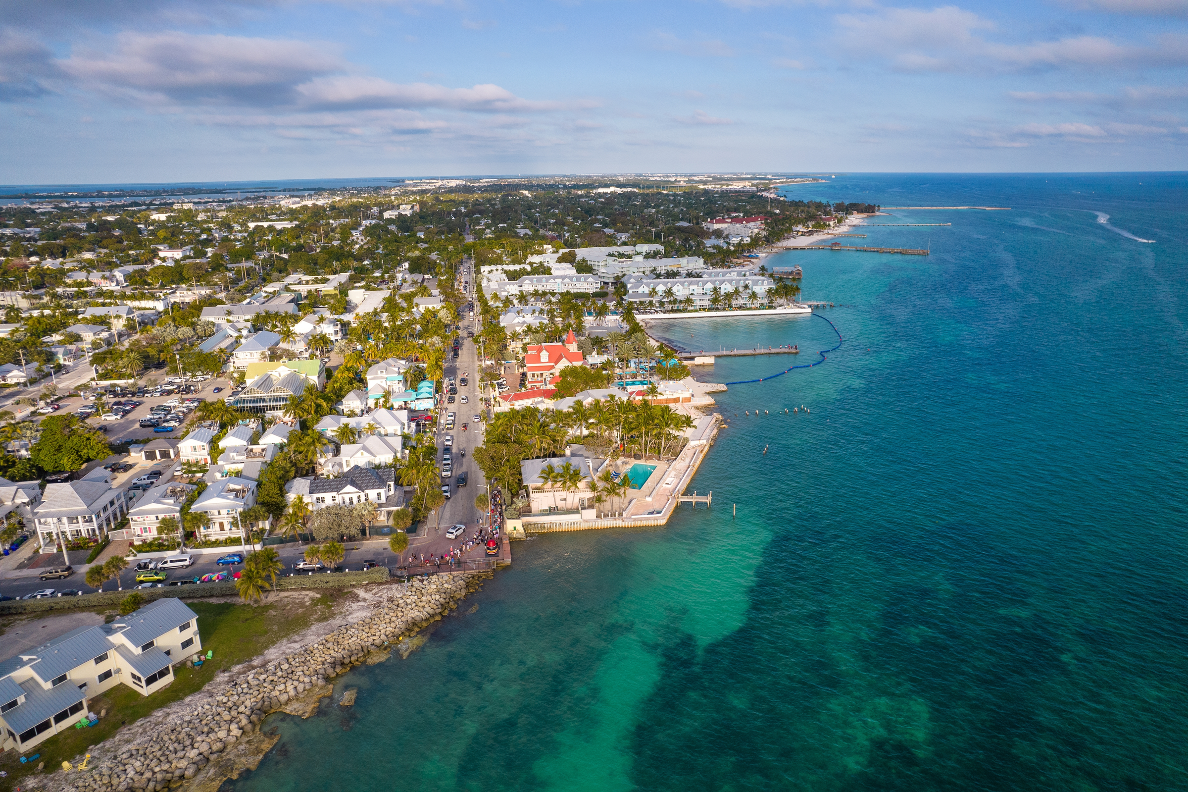 Beautiful aerial view of Key West, its magnificent beach and town in Florida USA