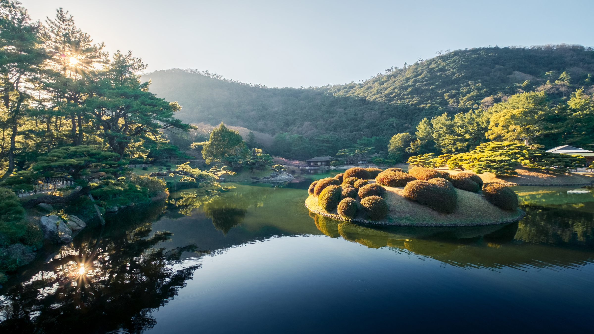 Japanese Style Landscape Garden under the Winter Warm Sunlight, Ritsurin-koen Park, Takamatsu, Japan.