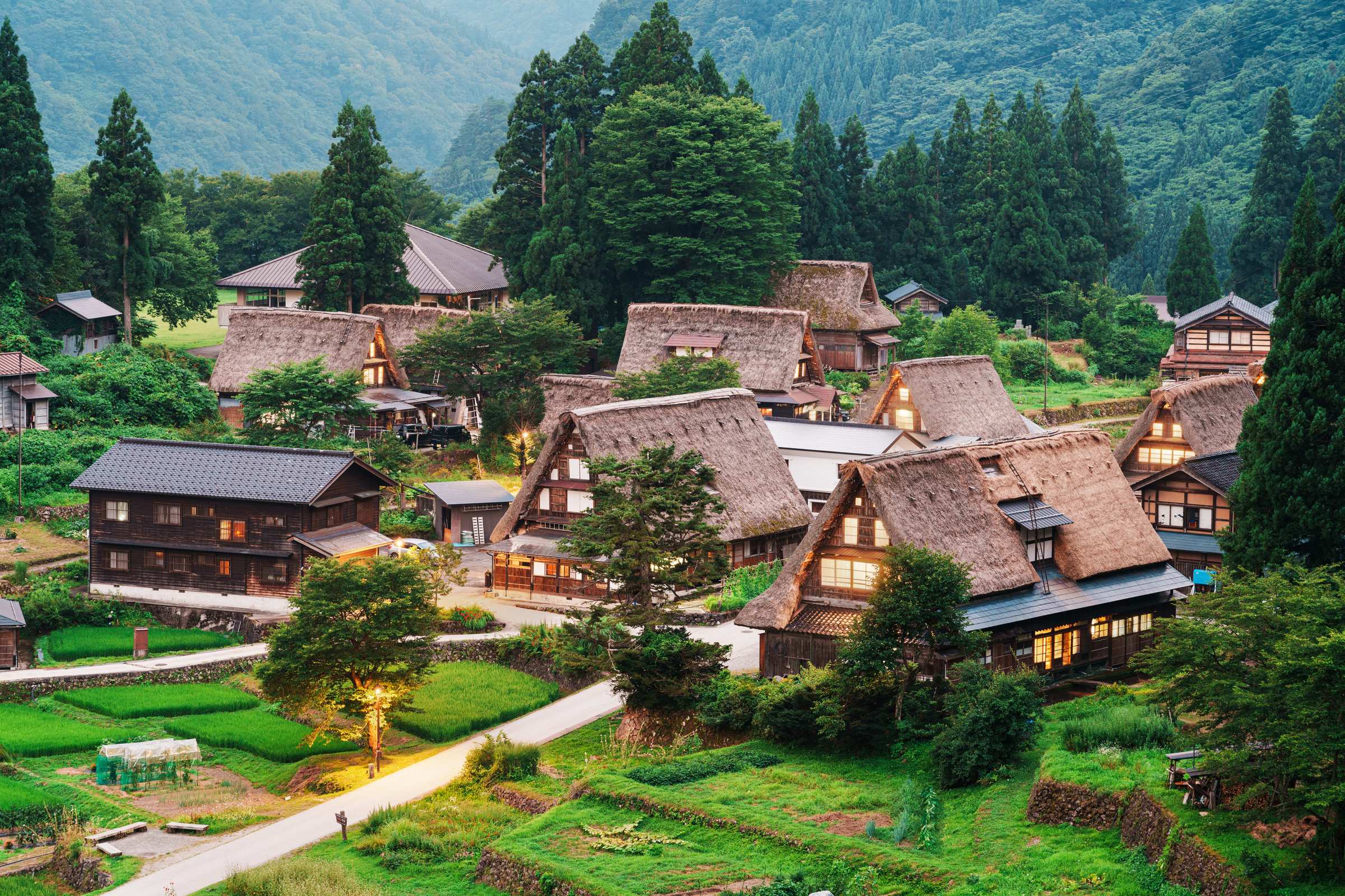 Ainokura, Toyama, Japan in the remote Gokayama Region at dusk.