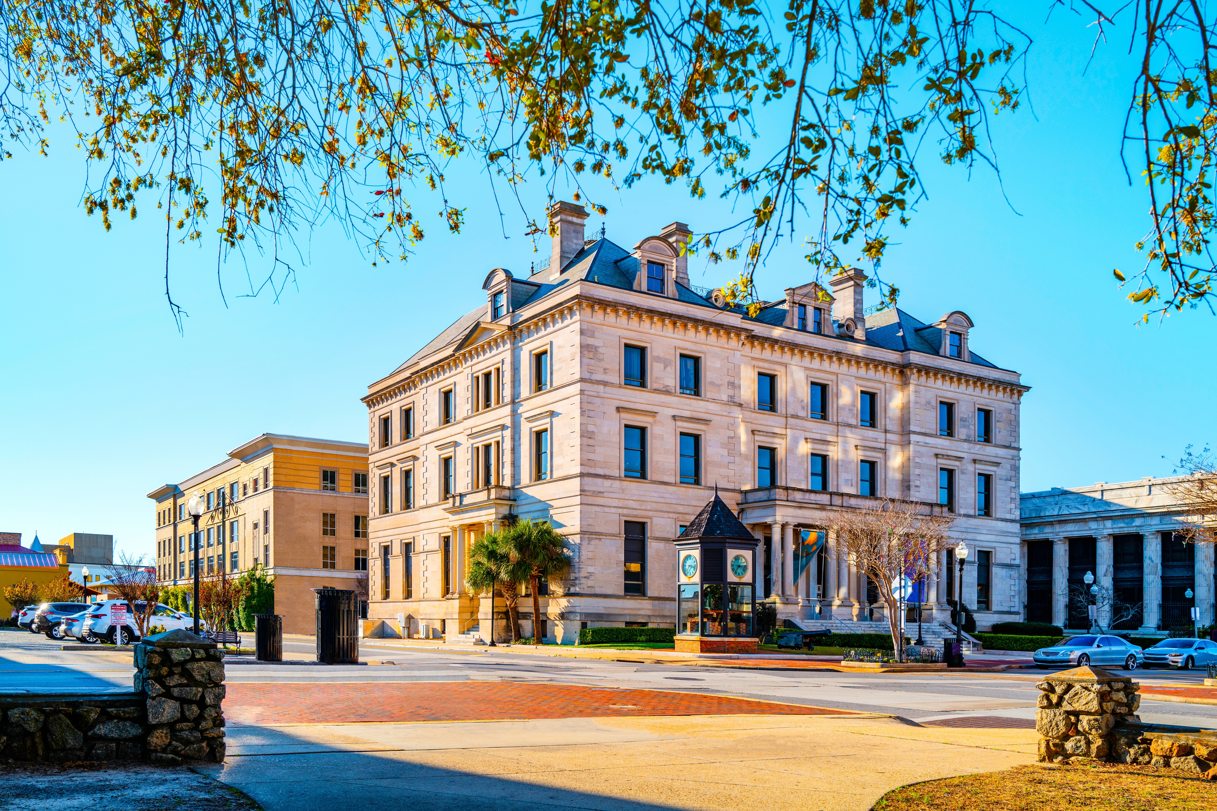 Pensacola City skyline, downtown street, and architectural landmarks, the winter landscape of the historic buildings of Escambia County Courthouse in Florida, USA