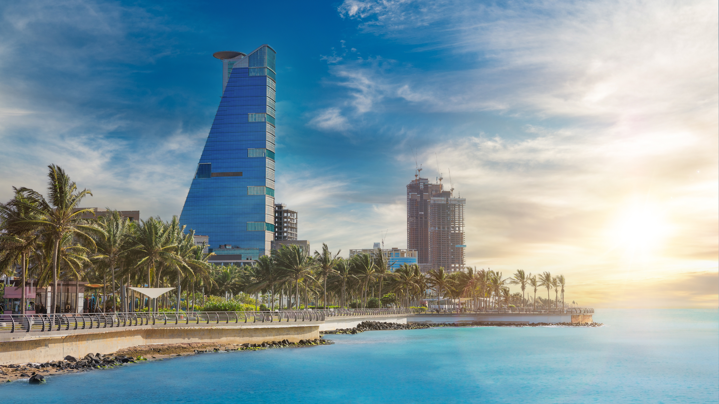 View of Jeddah skyscrapers from the public beach.