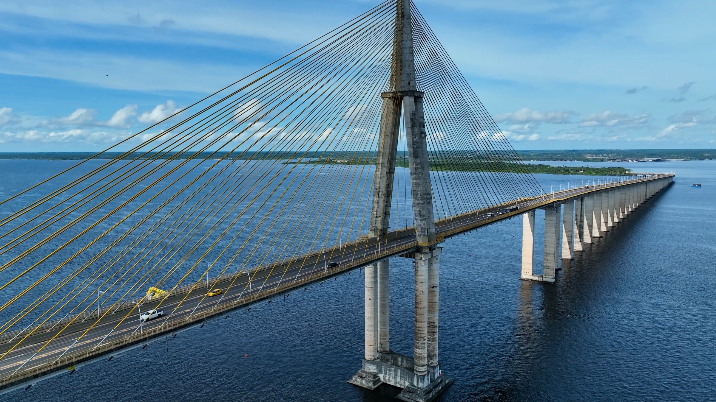 Manaus Brazil. Landmark suspension cable bridge downtown Manaus Brazil. Postcard town Manaus capital city of Amazonas state. Transportation famous bridge. Outdoor urban scene. Travel destination.