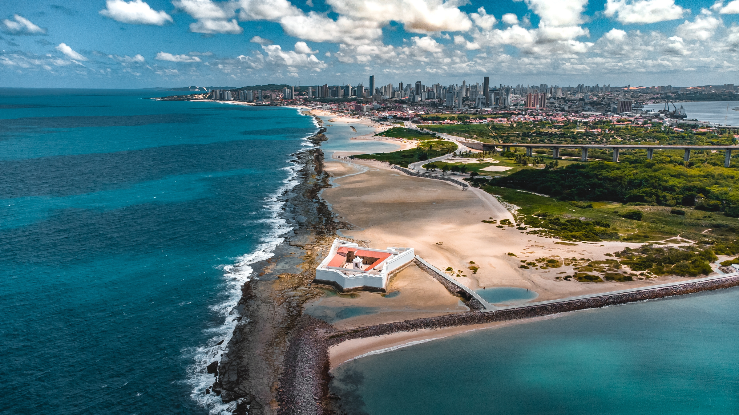 Landscape Fortress Reis Magos Fort Colonial Natal Seaside Beach Sea River Rio Grande Norte Atlantic Ocean Nature Drone Aerial Blue Waves Trip Travel Vacation Tourism Coral Reef Tropical Sun RN Brazil