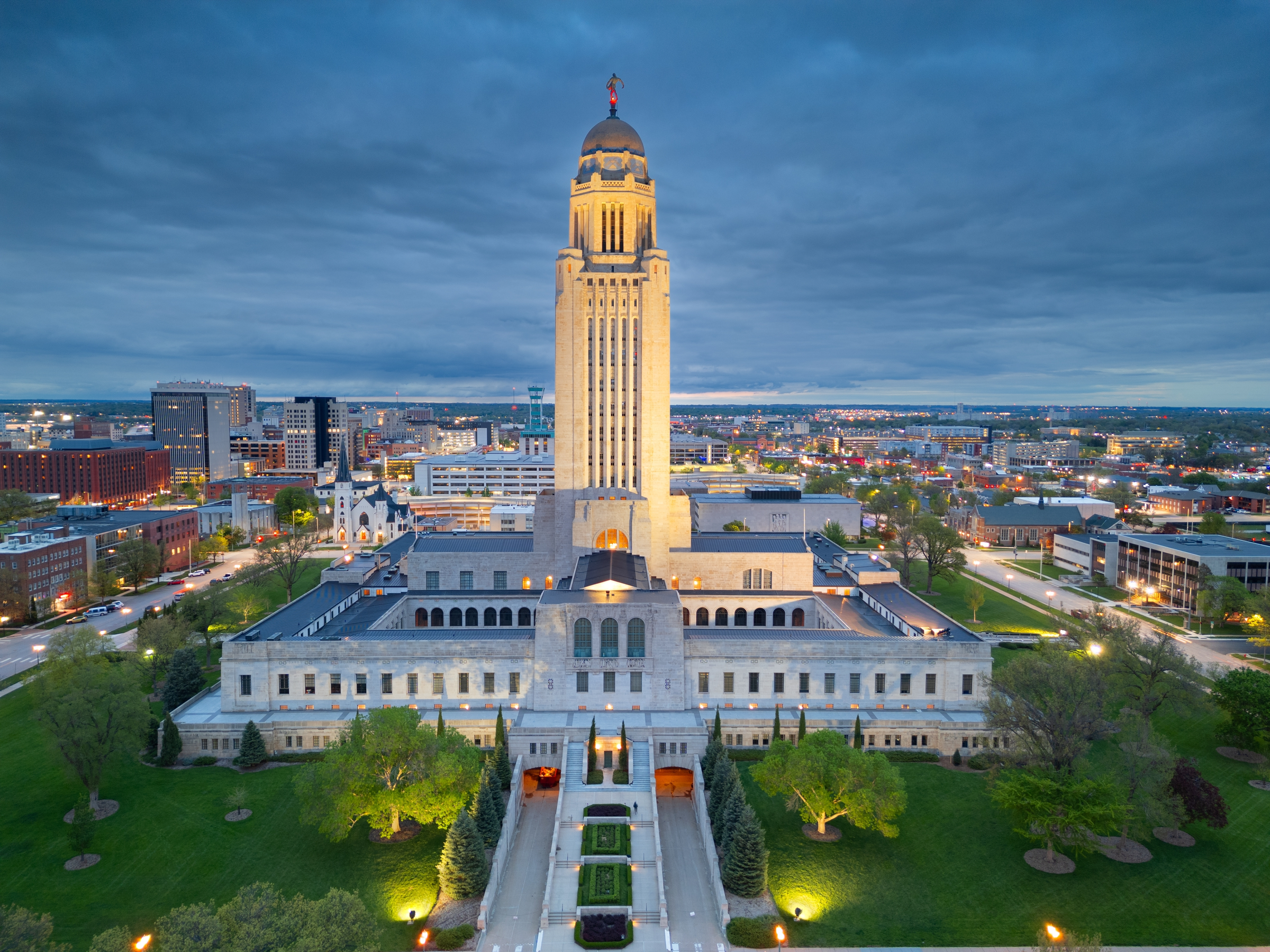 Lincoln, Nebraska, USA cityscape at the capitol building at twilight.