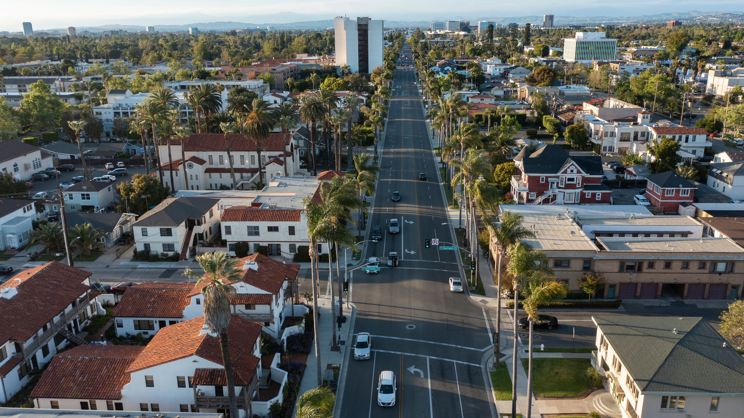 Sunset view of the historic core of downtown Santa Ana, California, USA.