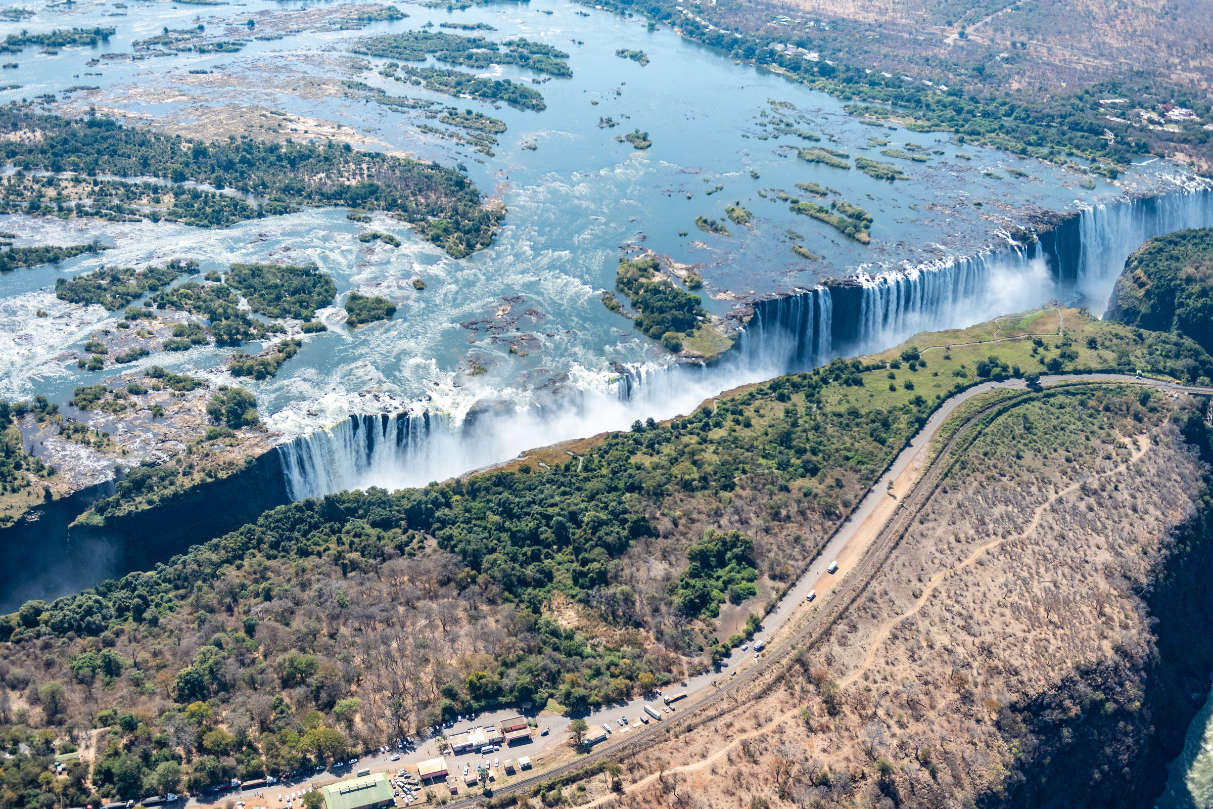 Aerial shot of the Victoria Falls on the Zimbawe Zambia Border.